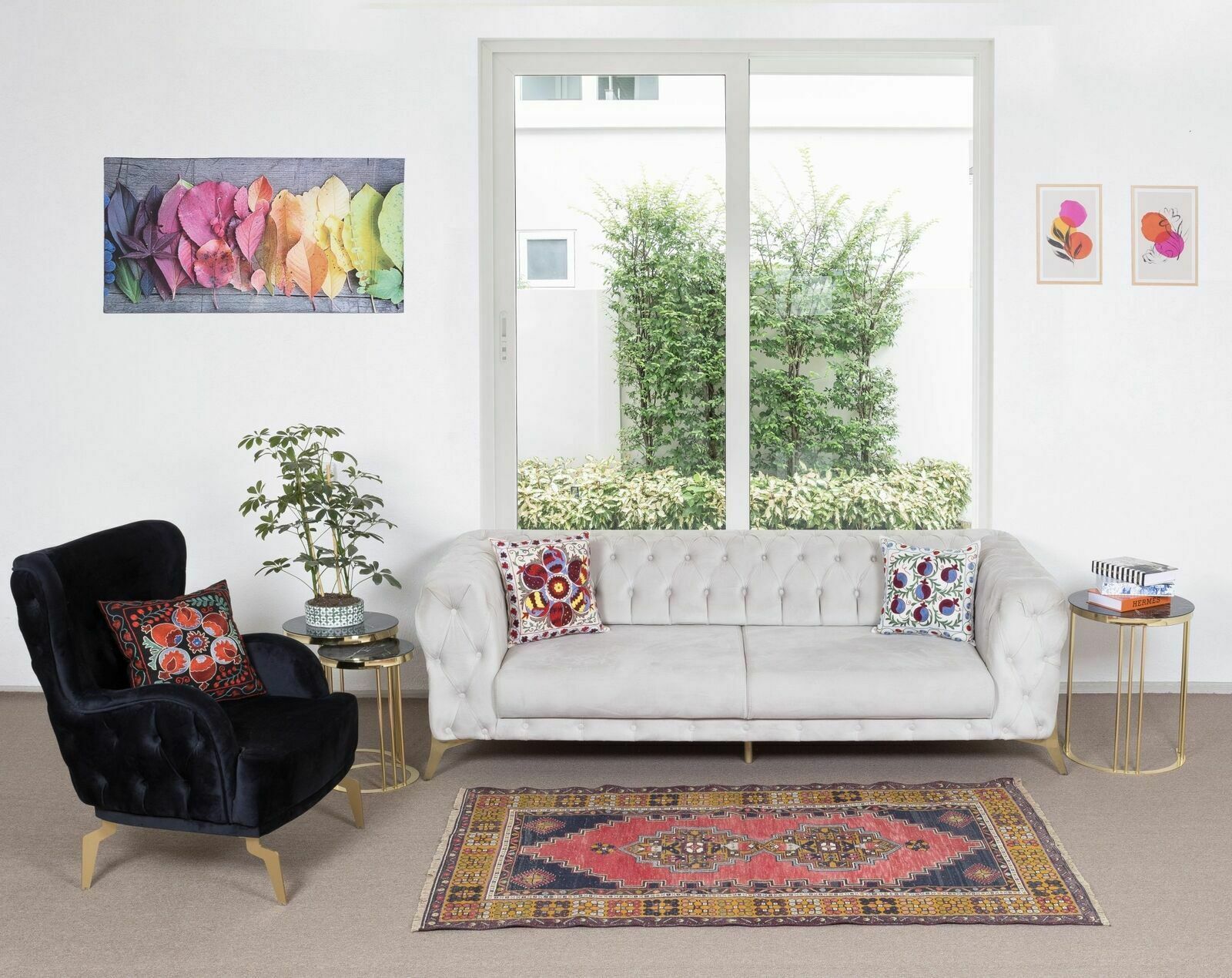 3.7x6.6 Ft Vintage Handmade Oriental Rug In Red, Gold, Dark Blue, Pink & Green photo furniture