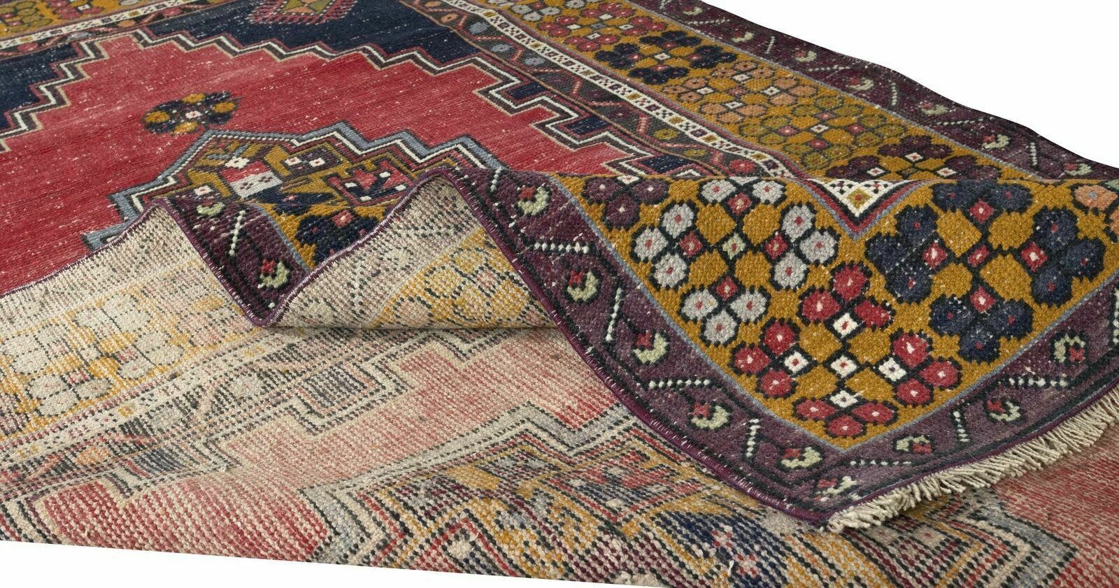 3.7x6.6 Ft Vintage Handmade Oriental Rug In Red, Gold, Dark Blue, Pink & Green photo for sale