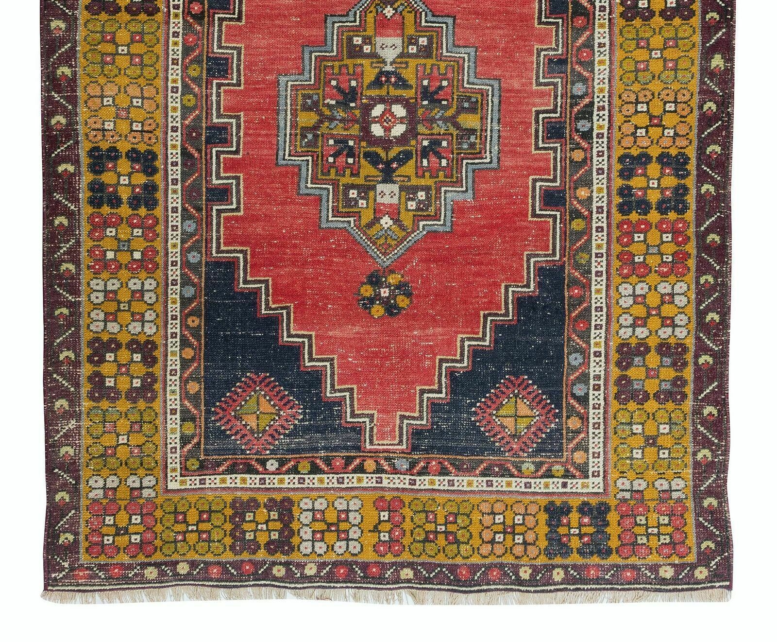 3.7x6.6 Ft Vintage Handmade Oriental Rug In Red, Gold, Dark Blue, Pink & Green photo 445.0