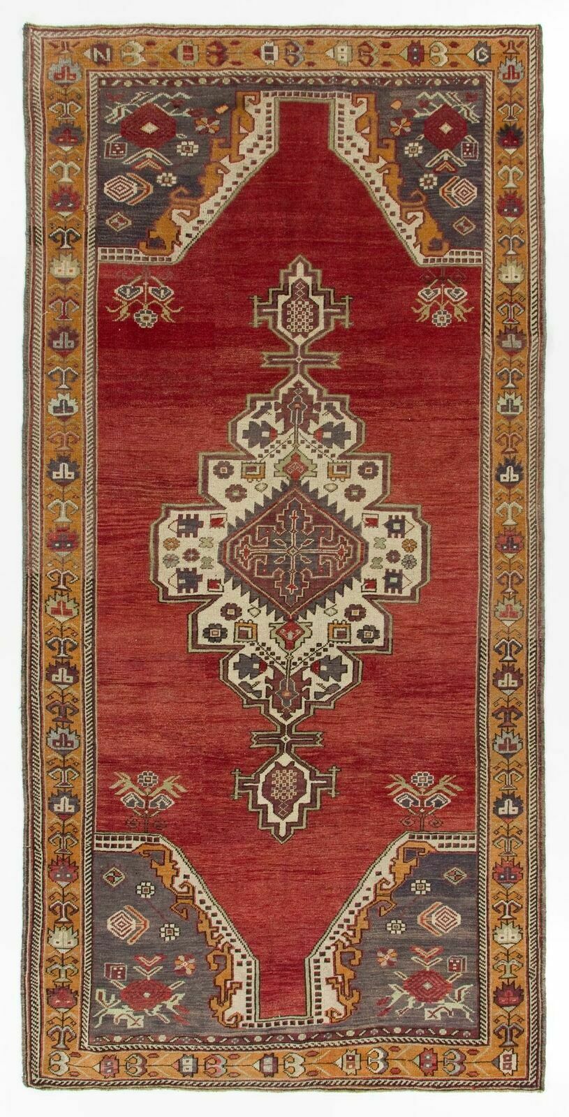 5.8x11.8 Ft One Of A Kind Vintage Handmade Turkish Rug In Red, Indigo & Marigold