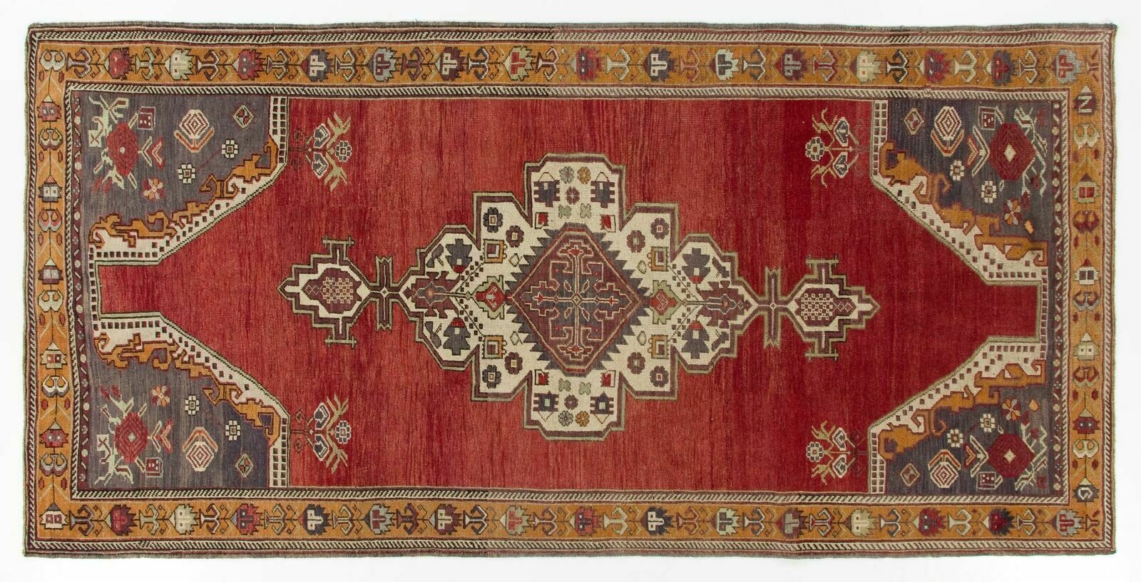 5.8x11.8 Ft One Of A Kind Vintage Handmade Turkish Rug In Red, Indigo & Marigold photo 1381.0