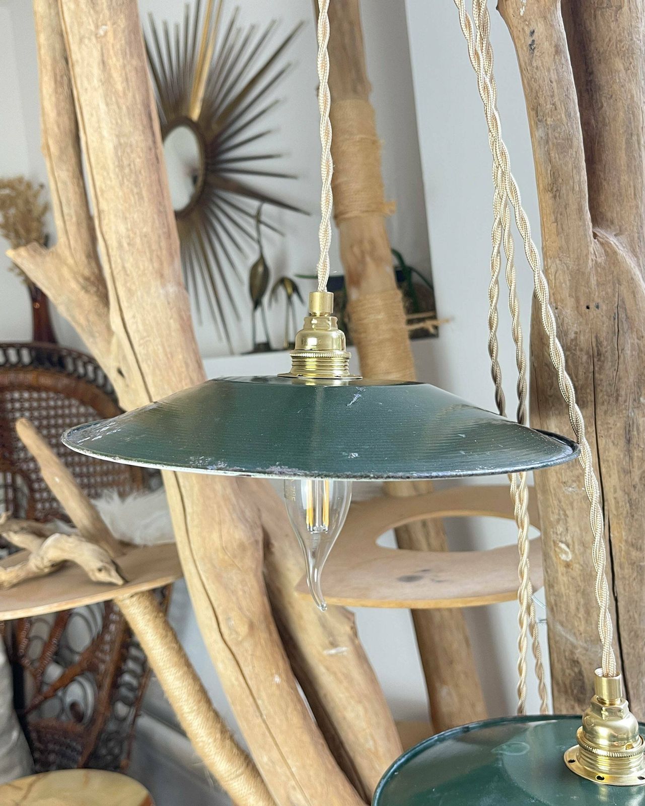 Vintage Lampshade In Customizable Green Enameled Sheet Metal   Vintage Industrial Style Light Pendant Light   Old Sheet Metal Lampshade photo furniture