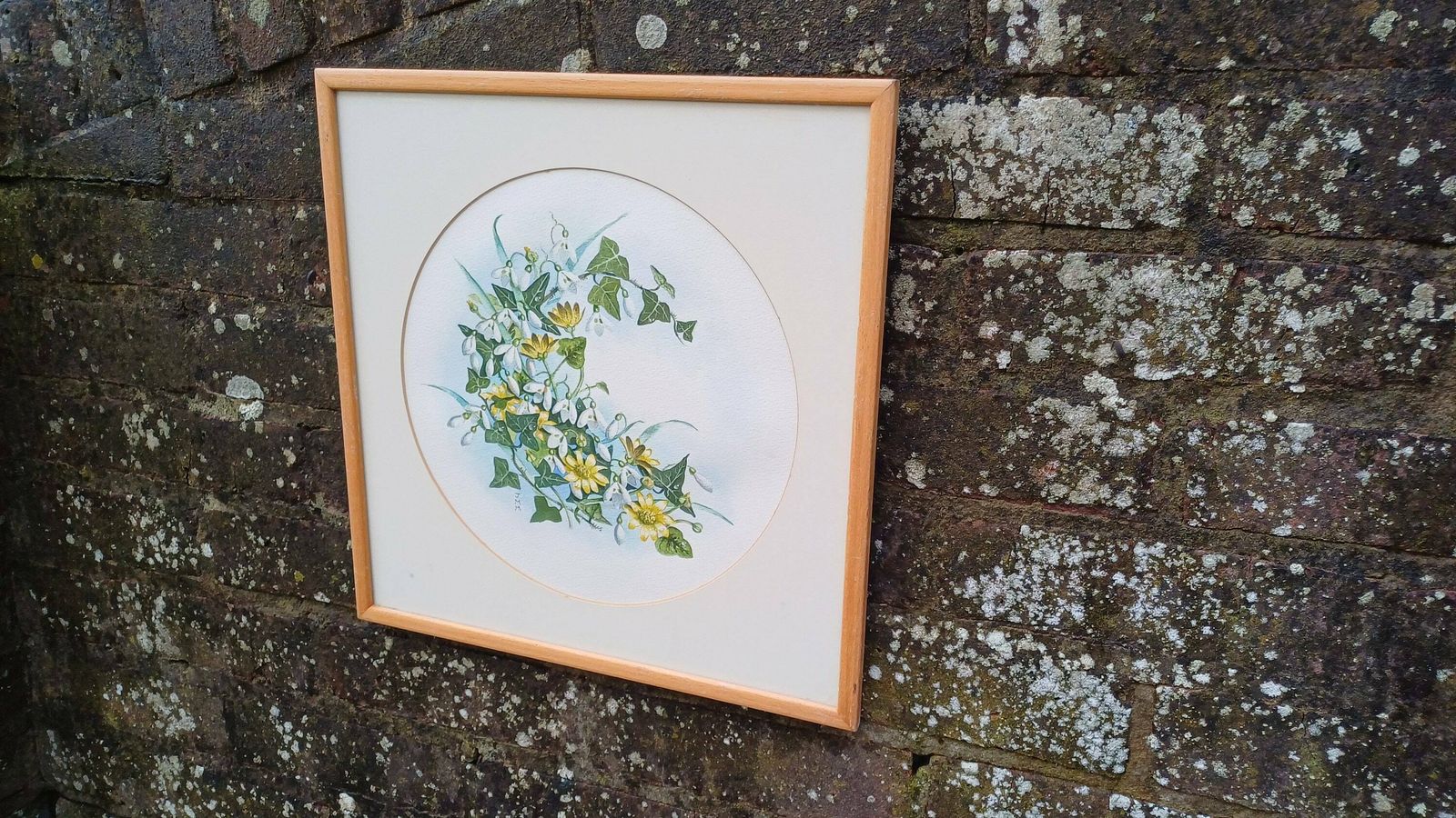 Vintage Original Watercolour Of Snowdrops And Jasmine By J.M.M.   Beautiful Water Colour Painting Of Early Spring Flowers In A Vintage Frame photo for sale