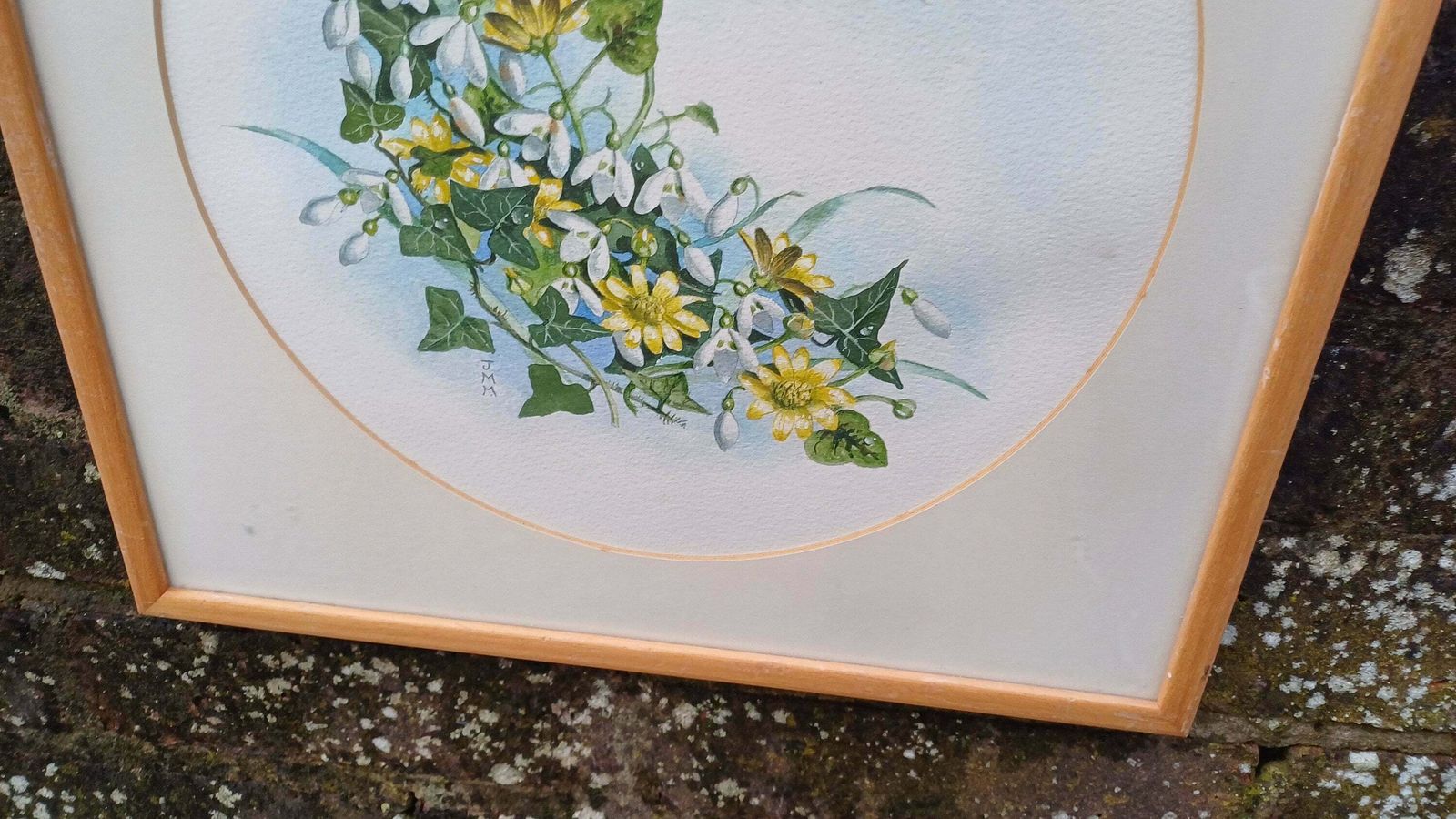 Vintage Original Watercolour Of Snowdrops And Jasmine By J.M.M.   Beautiful Water Colour Painting Of Early Spring Flowers In A Vintage Frame photo 50.0