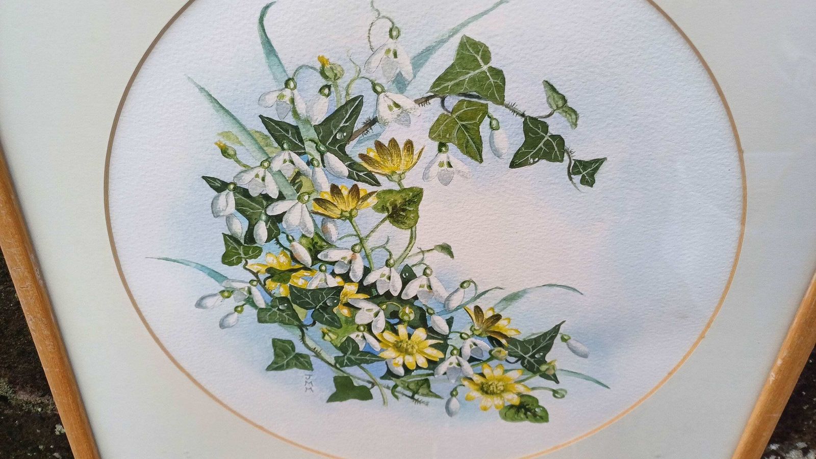 Vintage Original Watercolour Of Snowdrops And Jasmine By J.M.M.   Beautiful Water Colour Painting Of Early Spring Flowers In A Vintage Frame photo buy