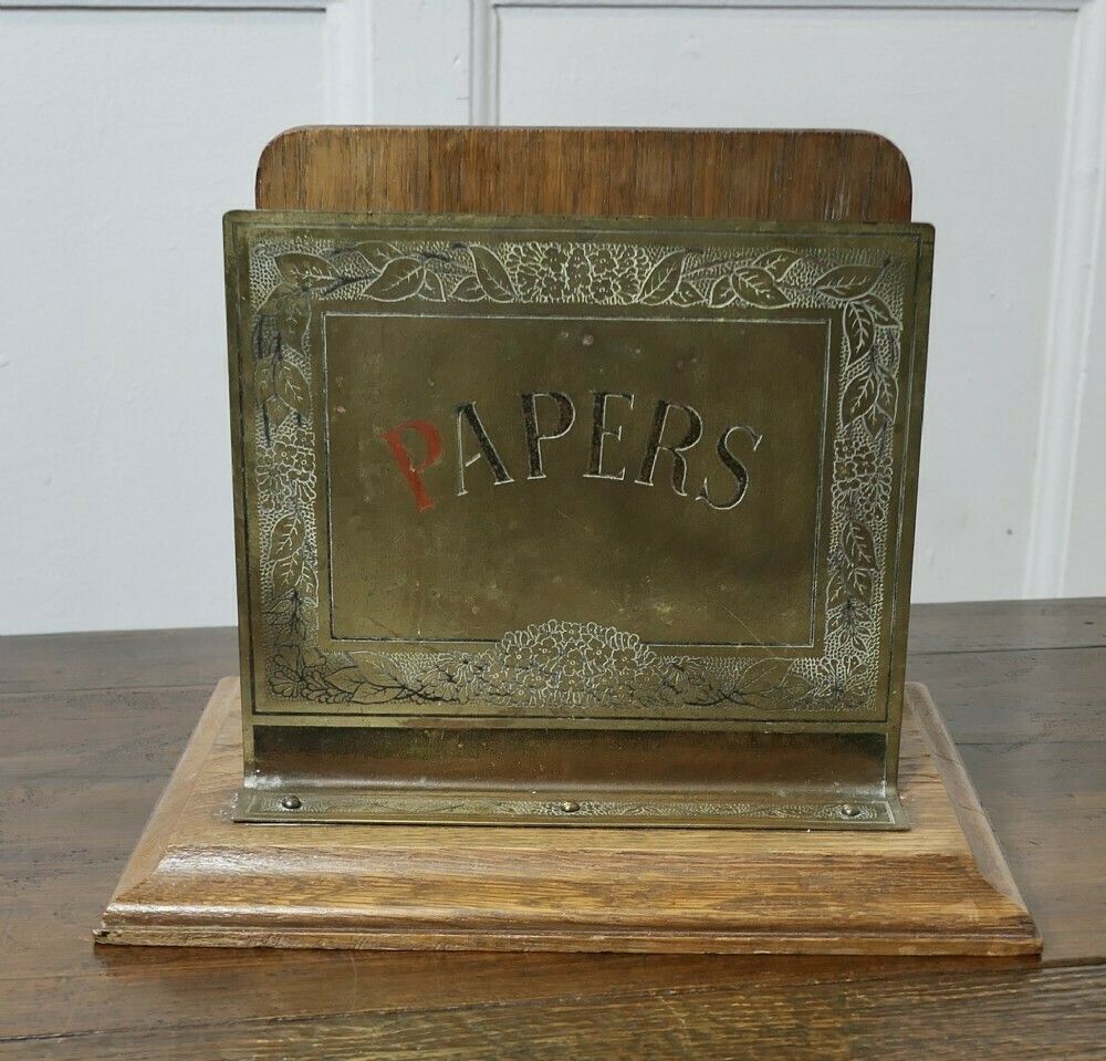 Art Nouveau Table Top Brass And Oak News Paper Rack