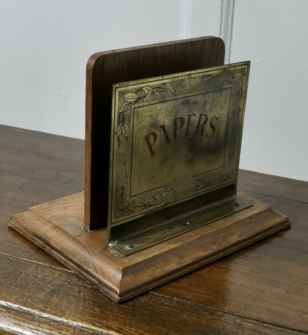 Art Nouveau Table Top Brass And Oak News Paper Rack photo vinterior