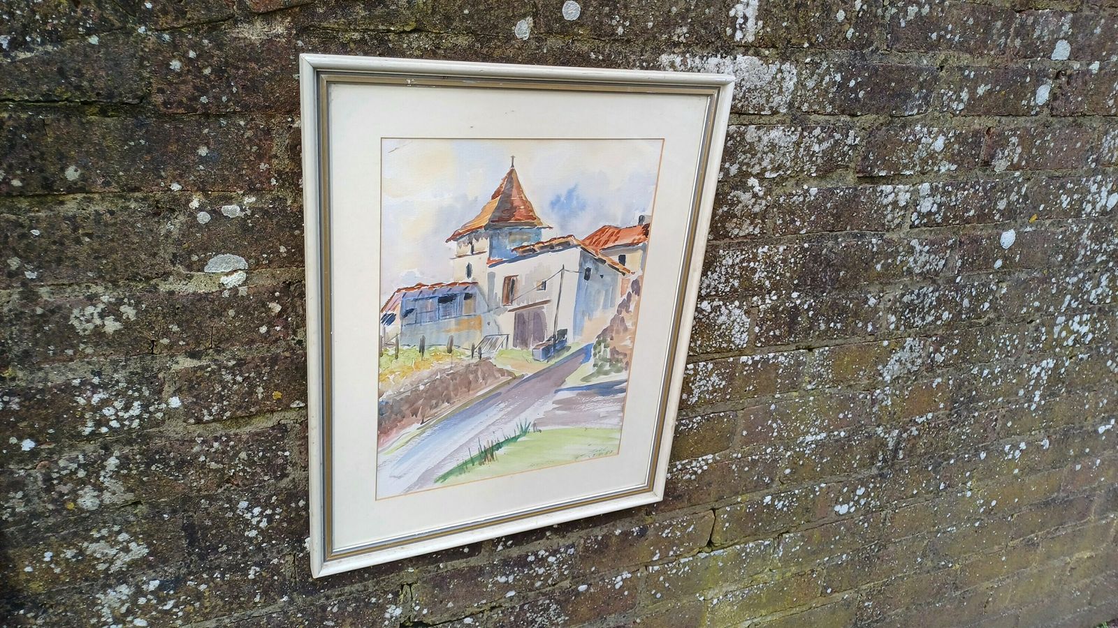 Superb Large Vintage Original Watercolour Church Landscape France photo furniture