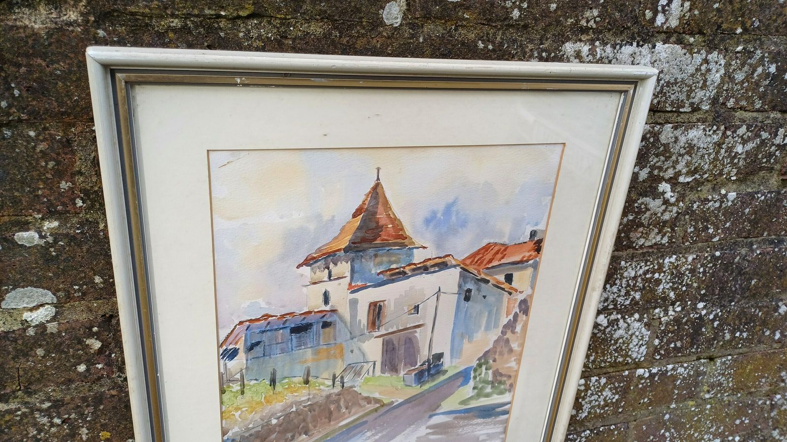 Superb Large Vintage Original Watercolour Church Landscape France photo for sale
