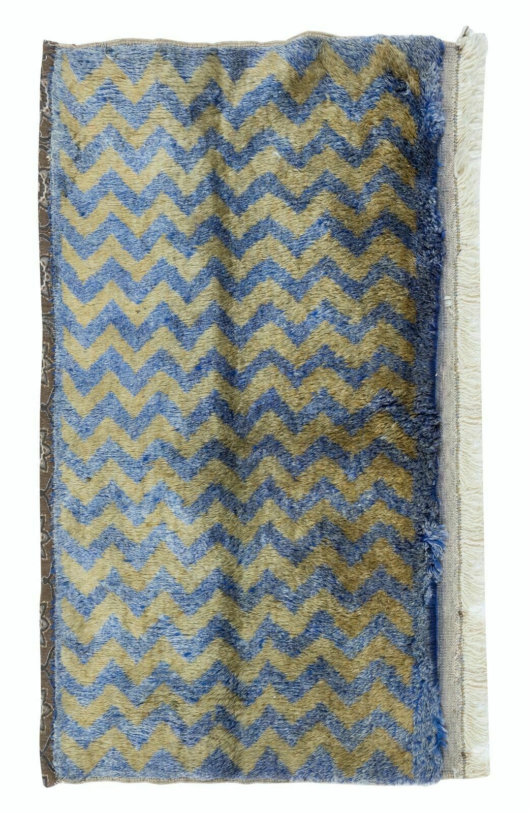 2.2x4.3 Ft 1970s Handmade Turkish Blue Tulu Rug With Light Brown Zig Zag Design