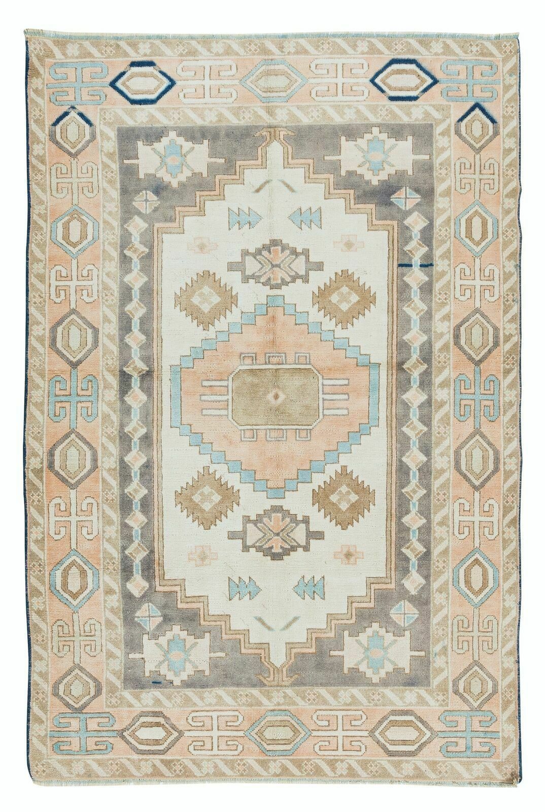 4.5x6.7 Ft 1960's Geometric Wool Area Rug, Vintage Hand Knotted Turkish Carpet