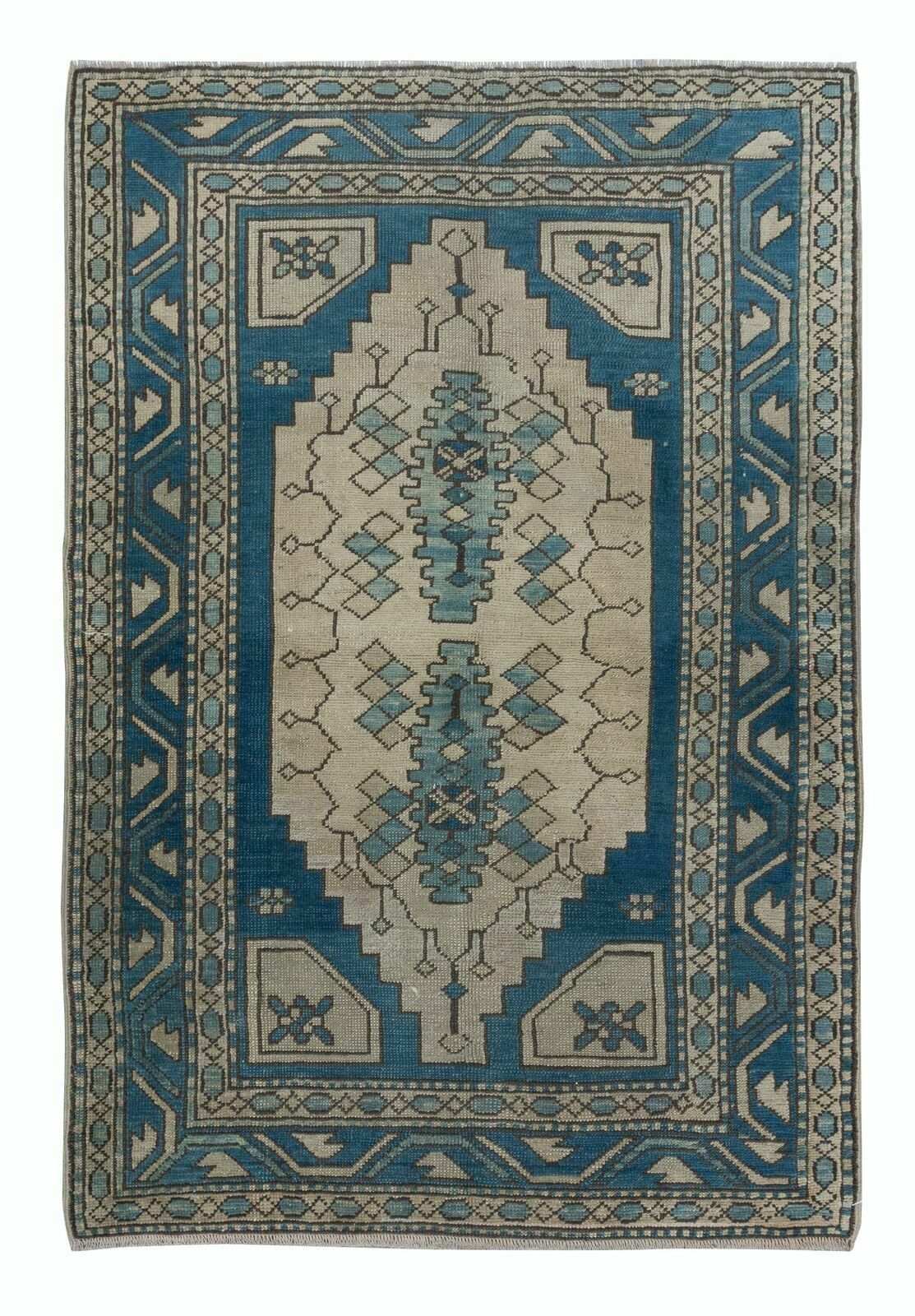 4x6 Ft Vintage Turkish Rug In Dark Blue & Beige, Handmade Wool Village Carpet