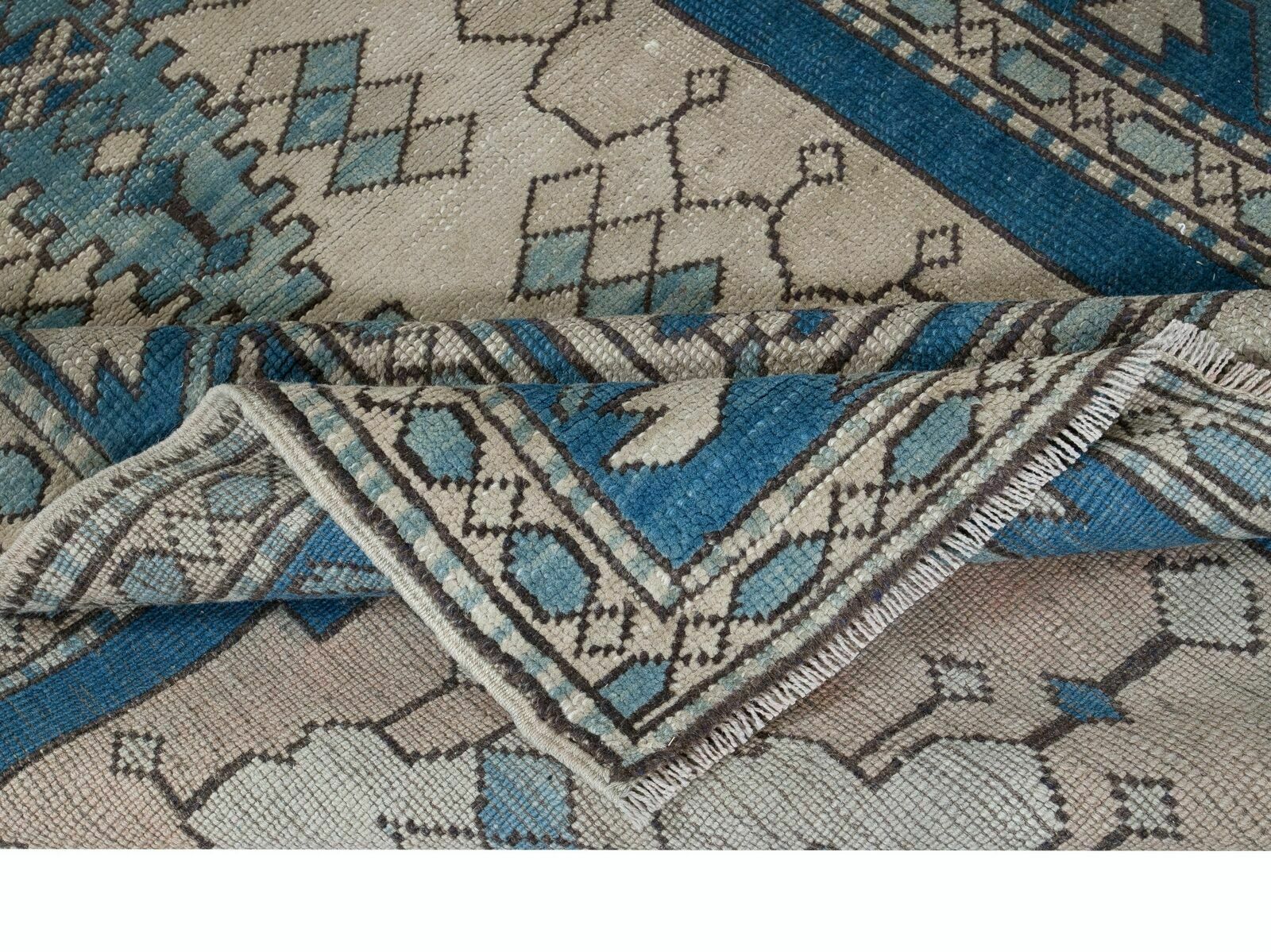 4x6 Ft Vintage Turkish Rug In Dark Blue & Beige, Handmade Wool Village Carpet photo for sale