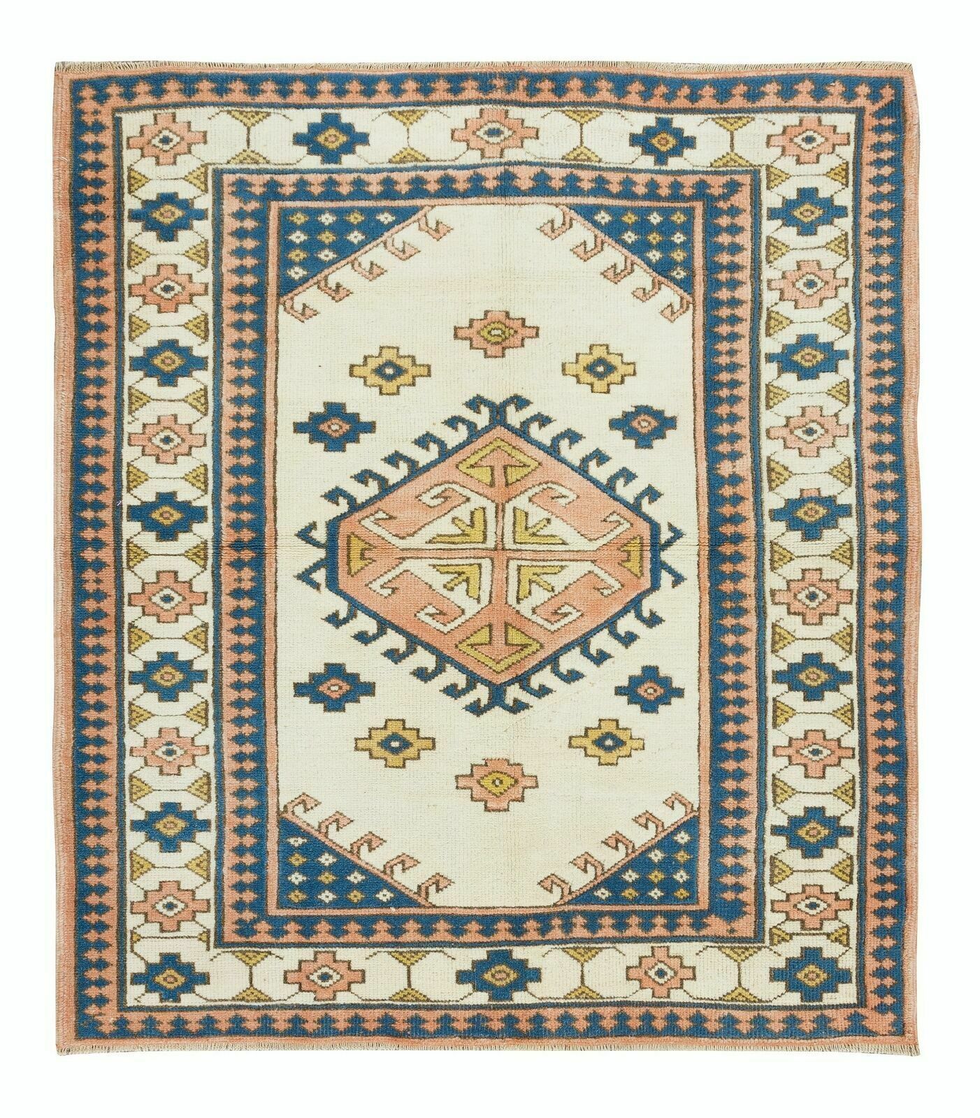 4.6x5.3 Ft Vintage Turkish Wool Rug, One Of A Kind Geometric Hand Knotted Carpet