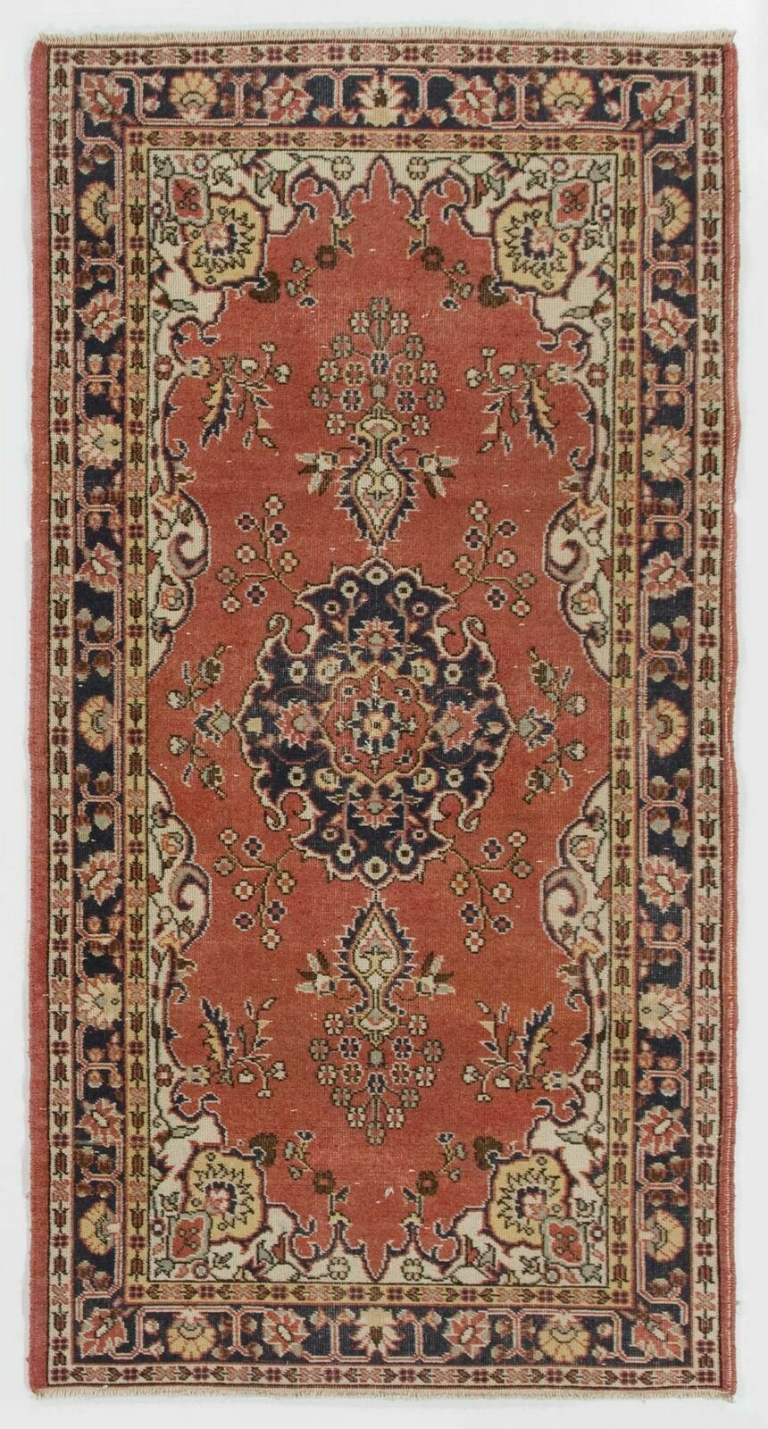 4x7.3 Ft Vintage Hand Made Rug In Red And Ivory. Authentic 1950s Floor Covering