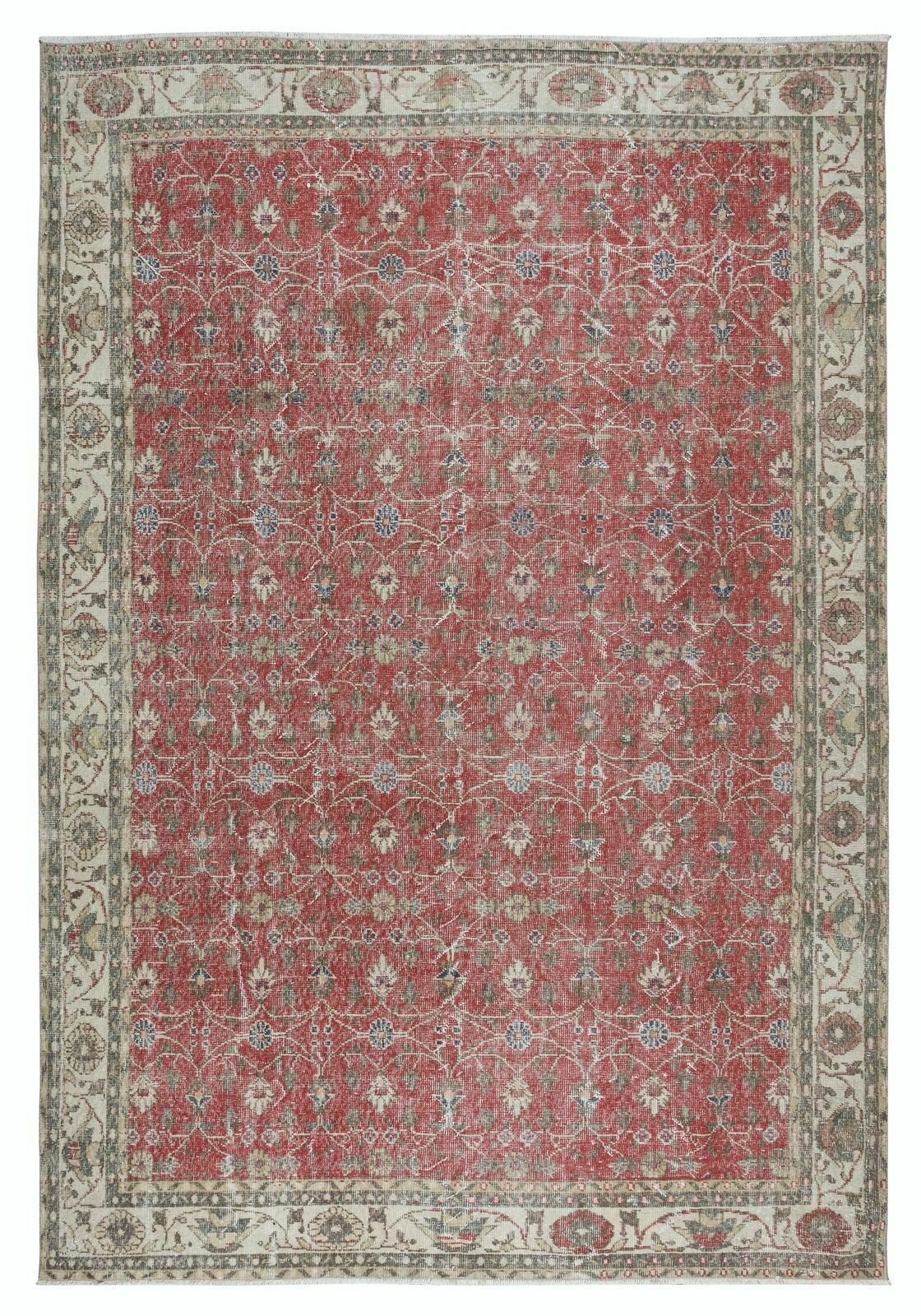 7.2x10.6 Ft Vintage Handmade Turkish Rug In Red & Beige With Flower Design