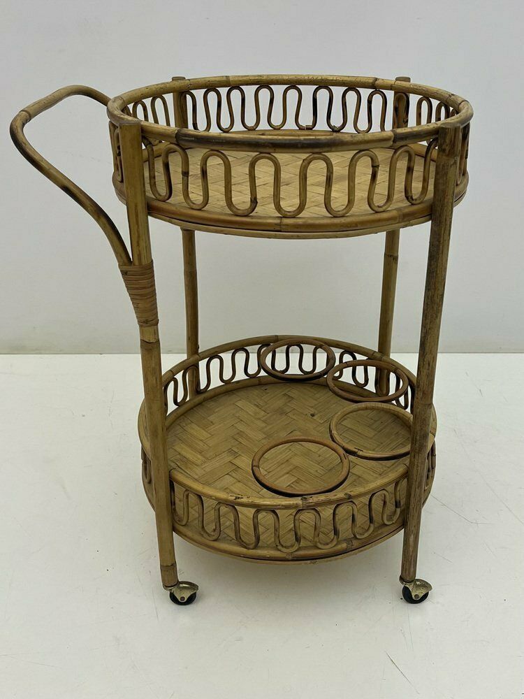 Round Bohemian Trolley In Bamboo And Wicker Attributed To Franco Albini, 1960s