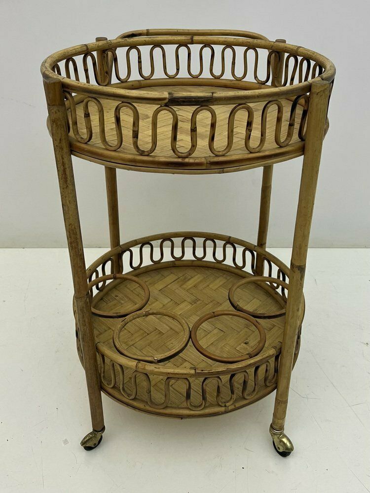 photo furniture Round Bohemian Trolley In Bamboo And Wicker Attributed To Franco Albini, 1960s