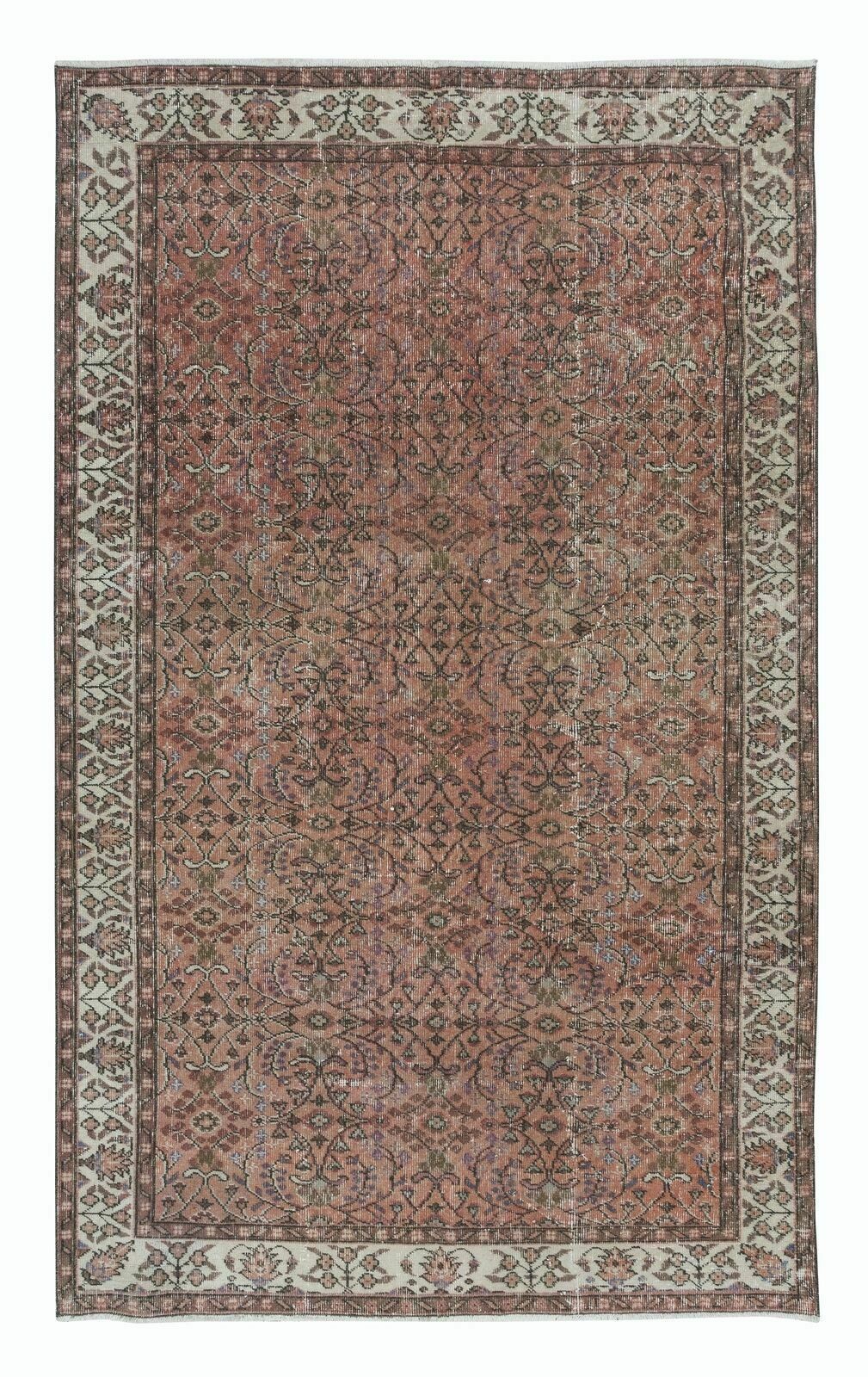5.4x8.8 Ft Vintage Turkish Area Rug In Red & Beige, Hand Knotted Floral Carpet