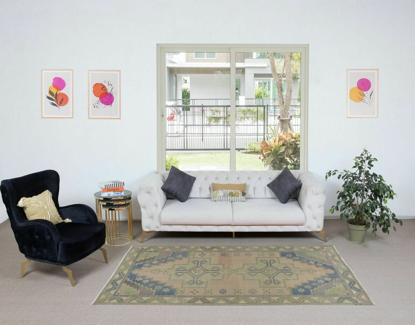 4.5x8.6 Ft One Of A Pair Oriental Rug With Medallions, Handmade Tribal Carpet photo furniture