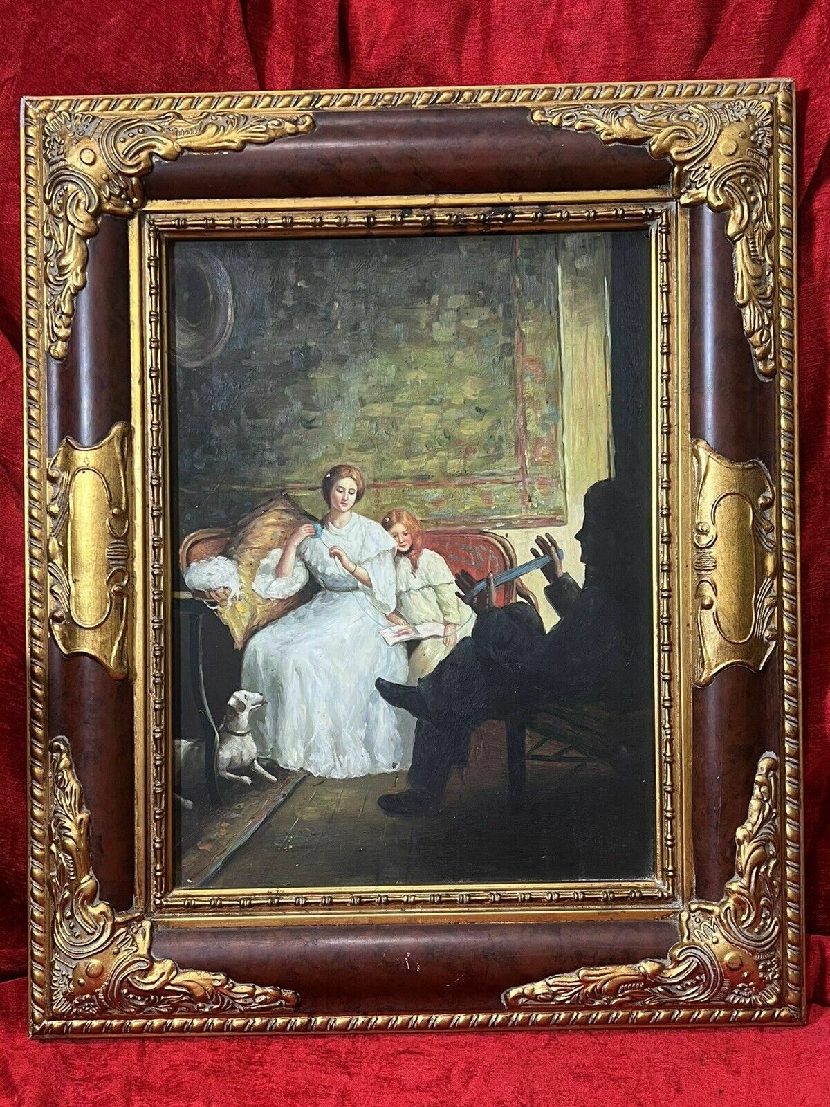 20th Century Victorian Family Interior Scene Of 'Winding Wool' Oil Painting photo vintage