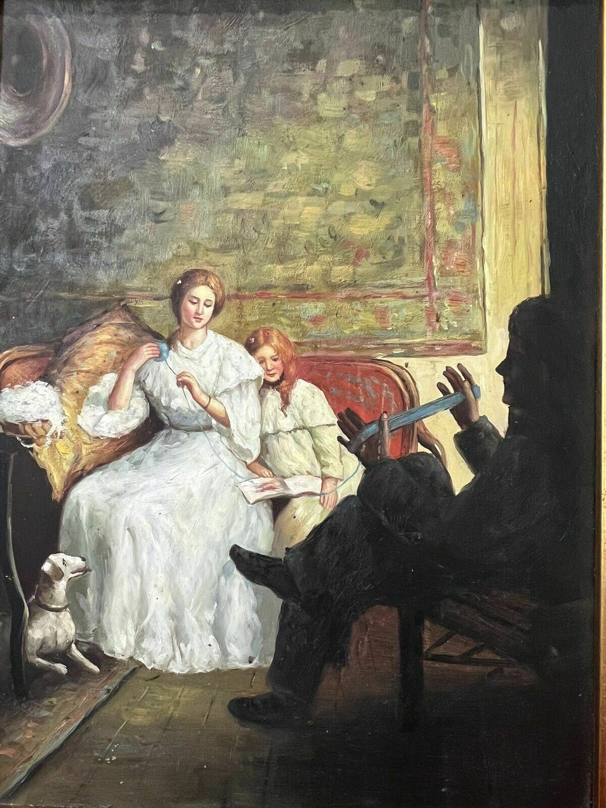 Art 20th Century Victorian Family Interior Scene Of 'Winding Wool' Oil Painting photo