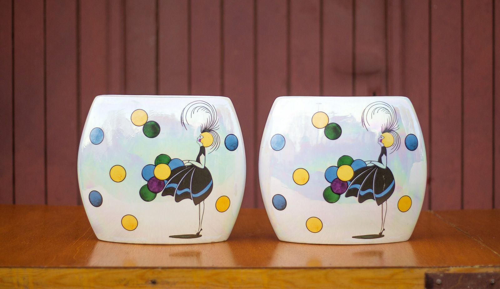 Pair Of Flat Iridescent Ceramic Vase With Girl Motif With Polychrome Balloons, Art Deco Vase, Interior Decoration, 40's photo Home Decor