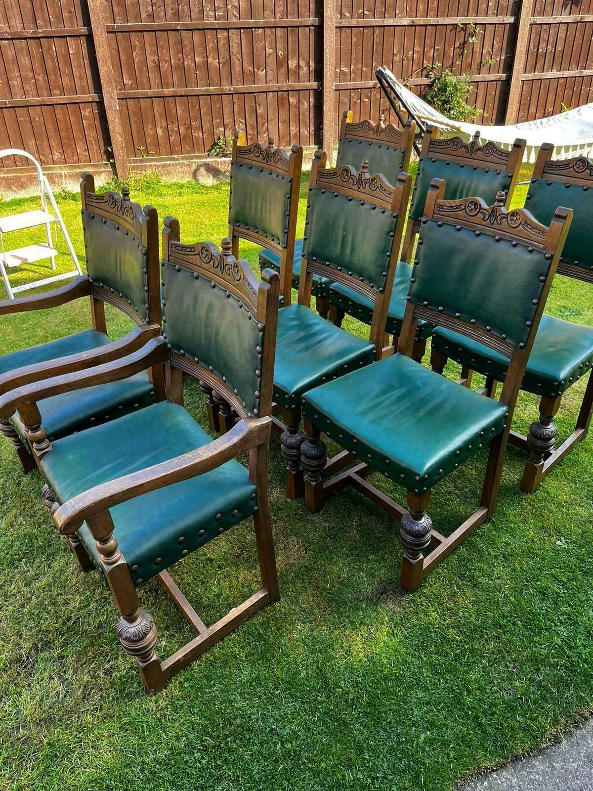 Set Of 8 Solid Antique Carved Dining Chairs Made Up Of 2 Carvers And 6 Chairs In Green Leather