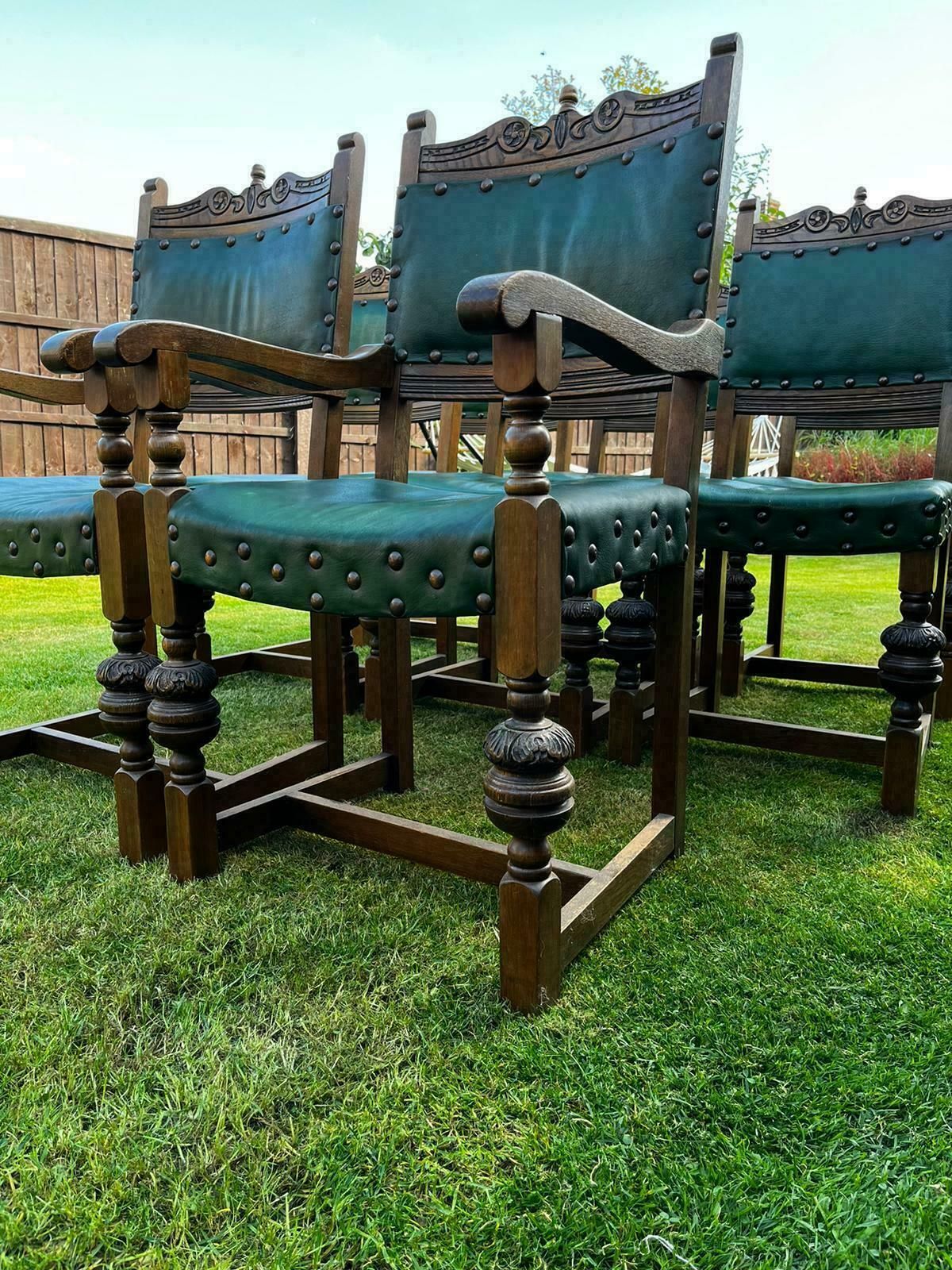 Set Of 8 Solid Antique Carved Dining Chairs Made Up Of 2 Carvers And 6 Chairs In Green Leather photo 1400.0