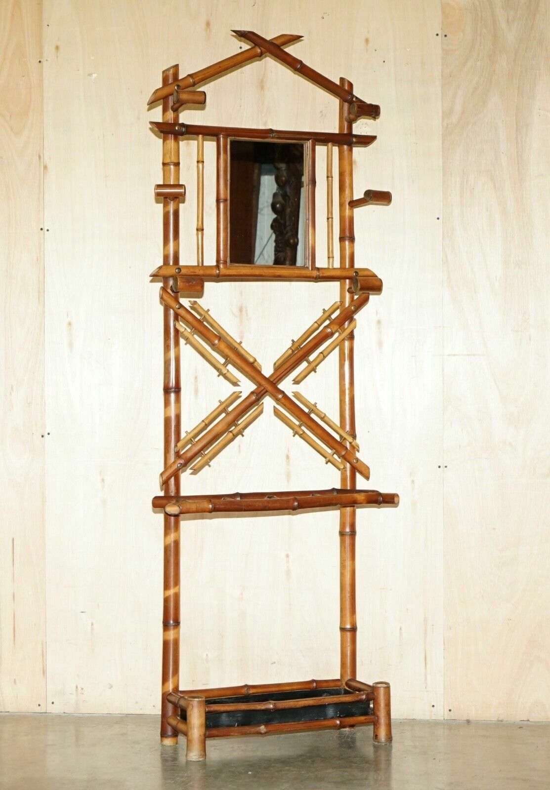 Antique Circa 1920's Art Deco Bamboo Hat Coat Gloves & Scarf Rack With Mirror