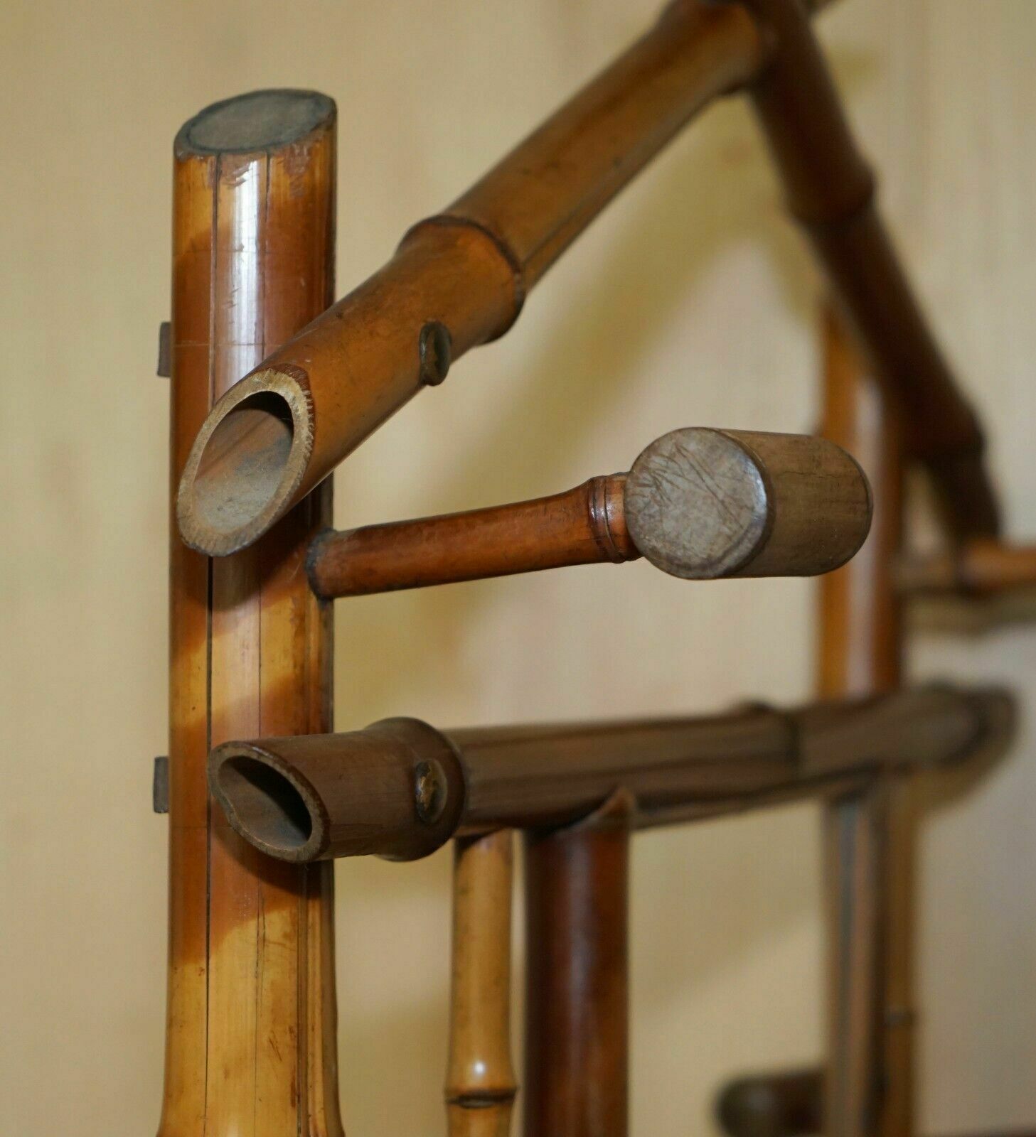 photo vintage Antique Circa 1920's Art Deco Bamboo Hat Coat Gloves & Scarf Rack With Mirror