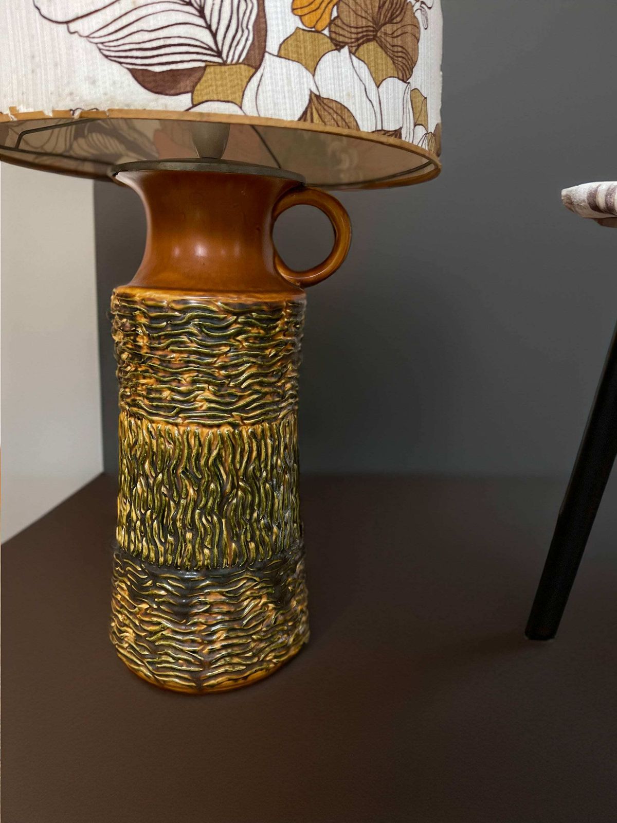 Stunning West German Pottery Floor Lamp With Original Seventies Large Scale Floral Print Lampshade photo for sale