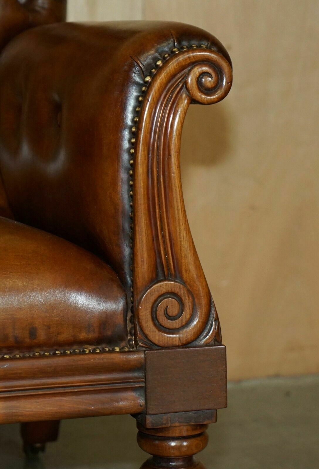 photo furniture Restored Antique William IV Chesterfield Brown Leather Armchair + Writing Slope