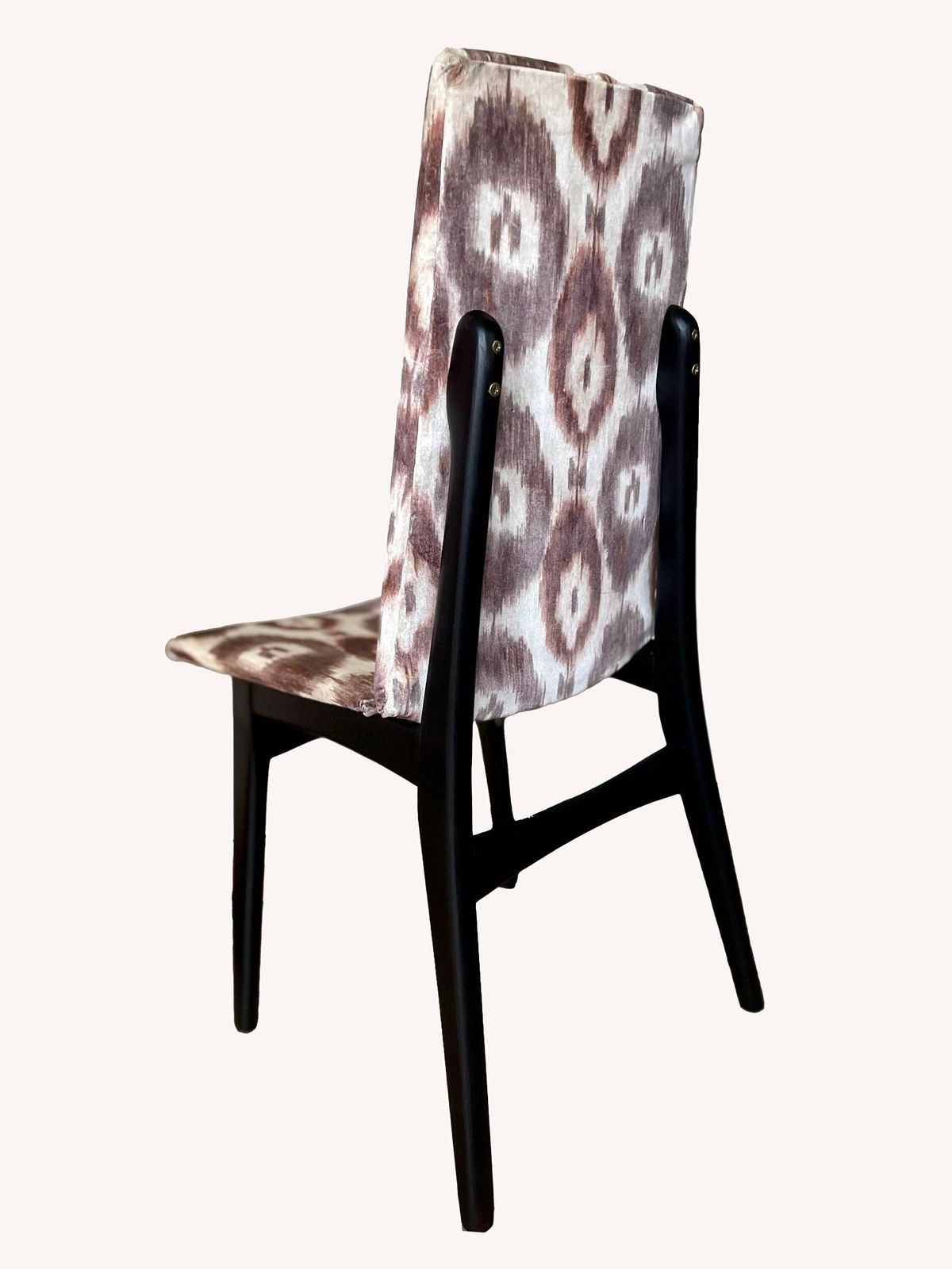 Two Accent Mid Century Teak Framed Chairs Reupholstered In Seventies Inspired Velvet Ikat Print. photo vinterior