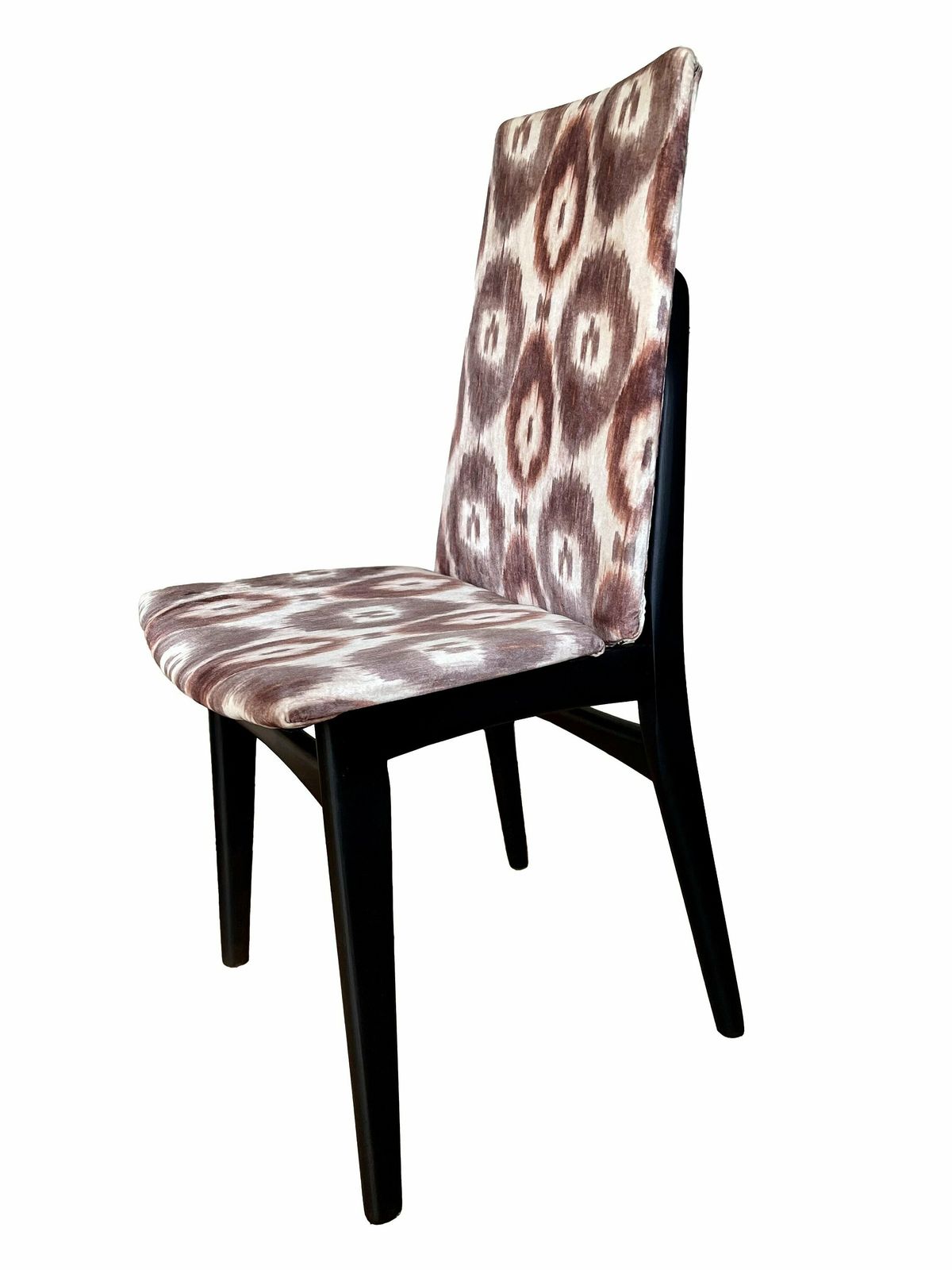 Two Accent Mid Century Teak Framed Chairs Reupholstered In Seventies Inspired Velvet Ikat Print. photo buy