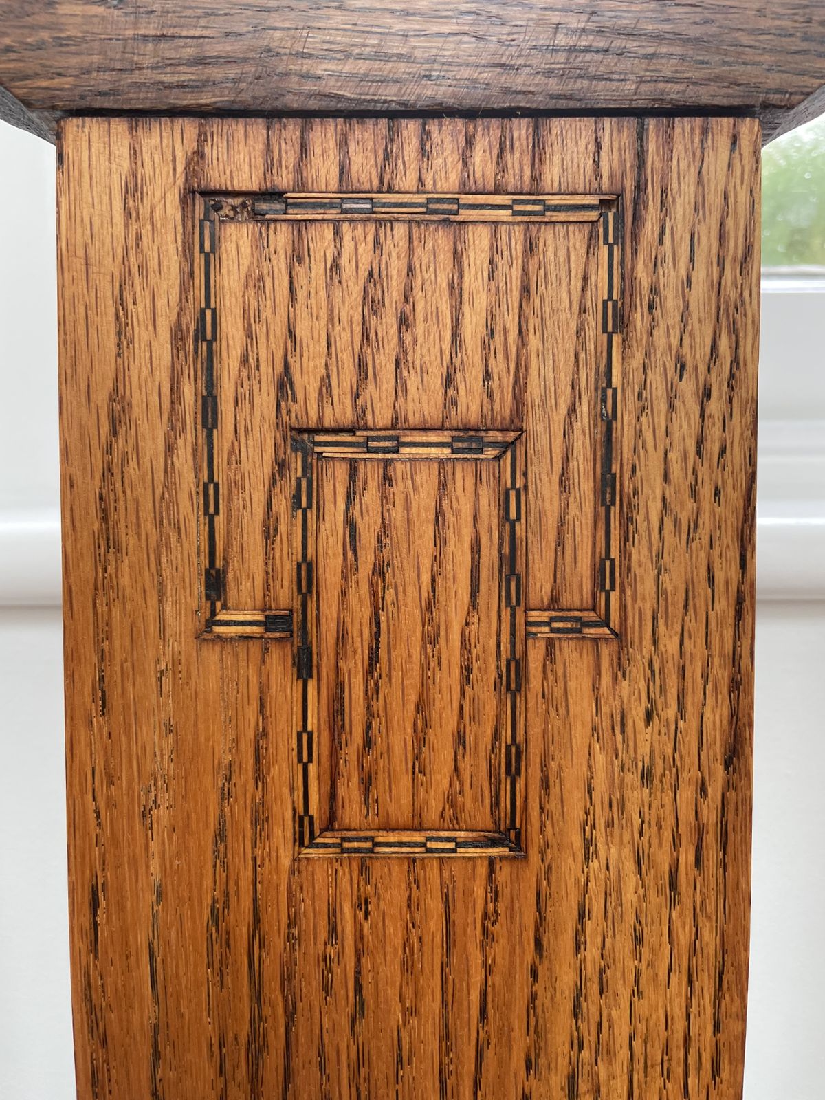 Four Oak Dining Chairs With Inlay Marquetry Detail And Turned Legs. Stripped And Waxed With Reupholstered Cushion Pads photo for sale