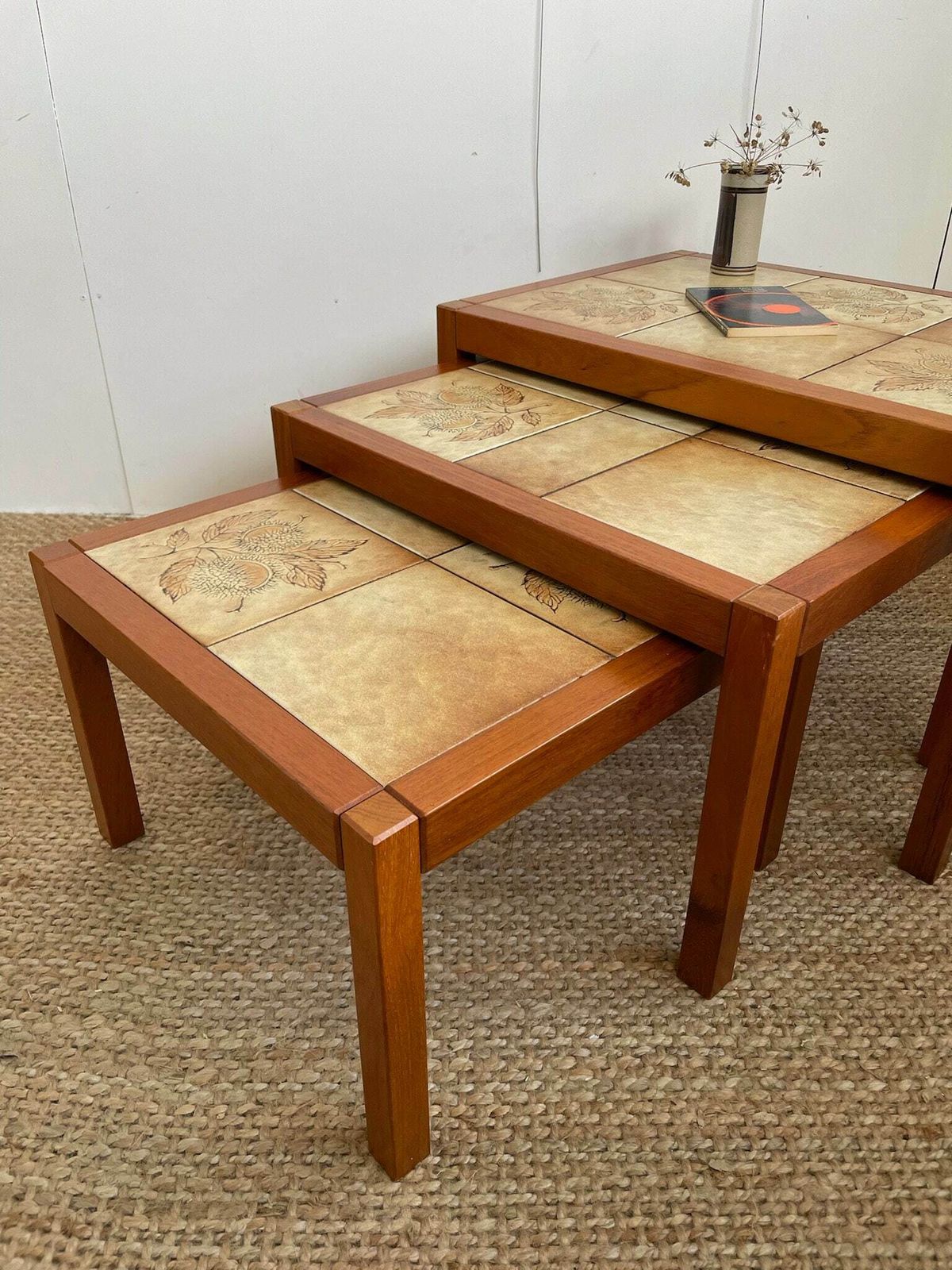 Nest Of 3 Danish Coffee Or Side Tables With Teak Frame And Tiled Tops With Leaf Design photo Furniture