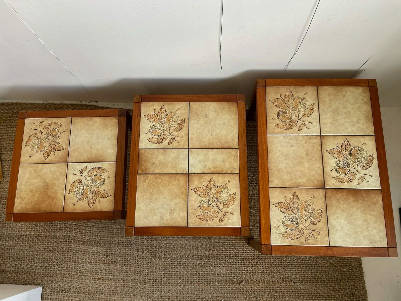 Nest Of 3 Danish Coffee Or Side Tables With Teak Frame And Tiled Tops With Leaf Design photo 165.0