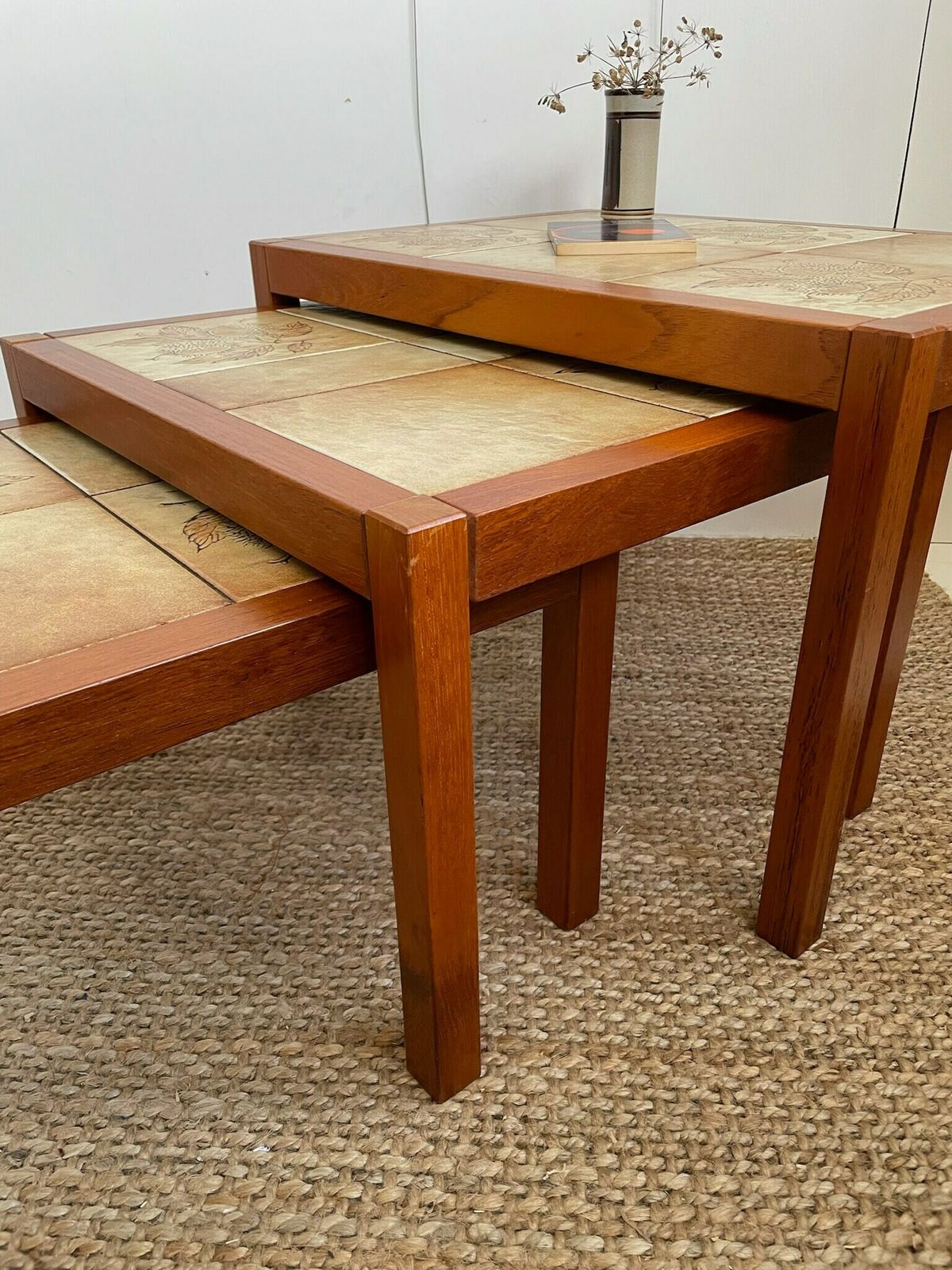 Nest Of 3 Danish Coffee Or Side Tables With Teak Frame And Tiled Tops With Leaf Design photo vinterior