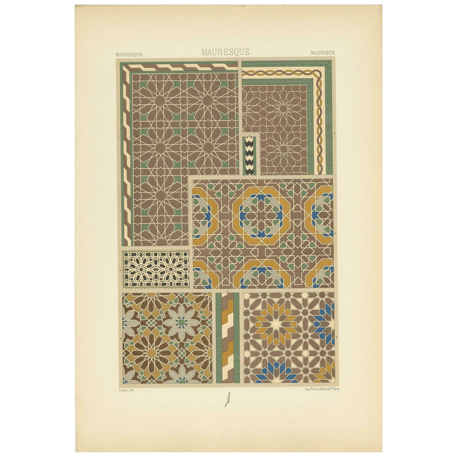 Pl. 37 Antique Print Of Moorish Motifs From Algerian Public, Racinet, Circa 1890