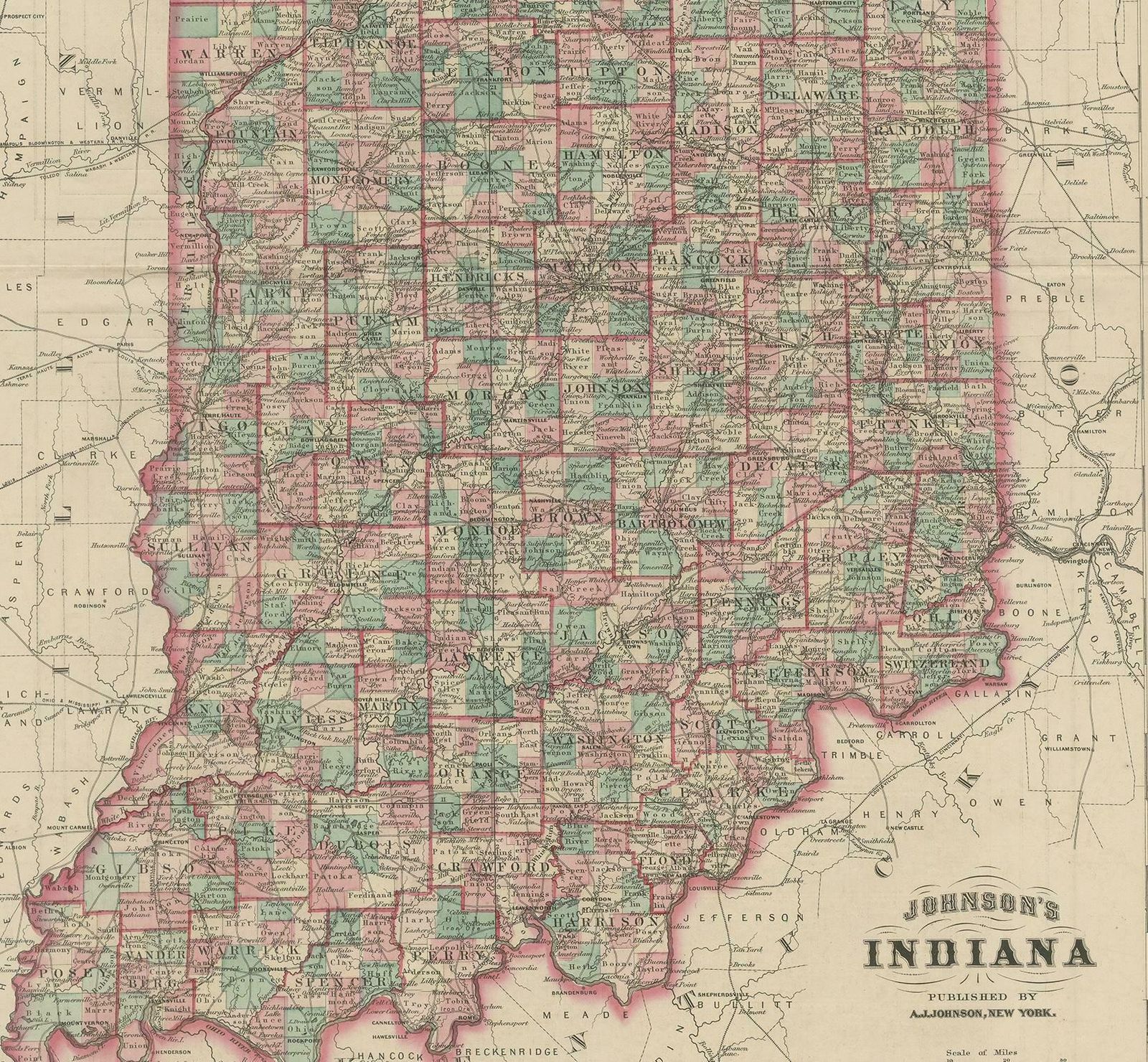 Antique Map Of Indiana By Johnson, 1872 photo Art