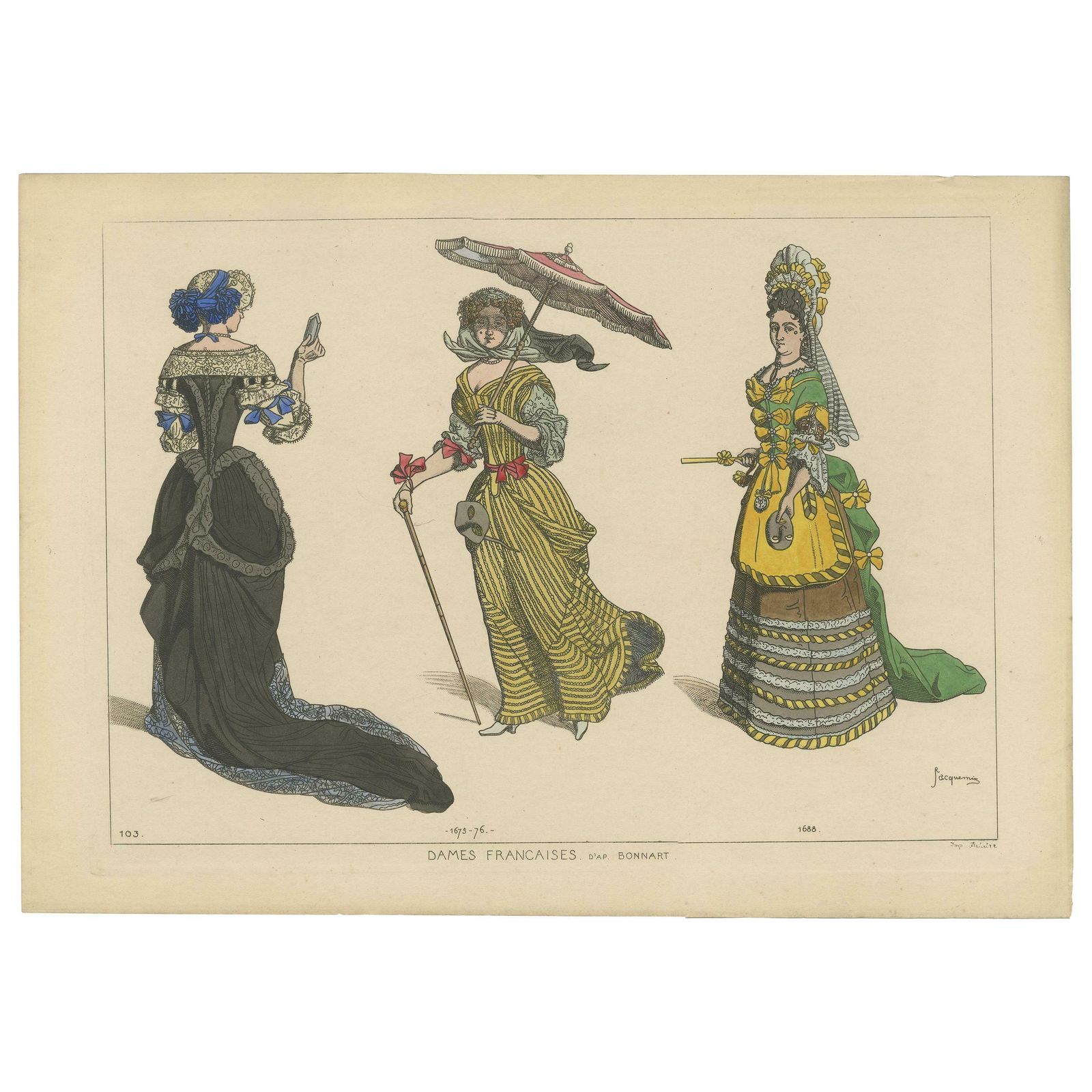 Antique Print Of French Ladies By Jacquemin 'C.1870'