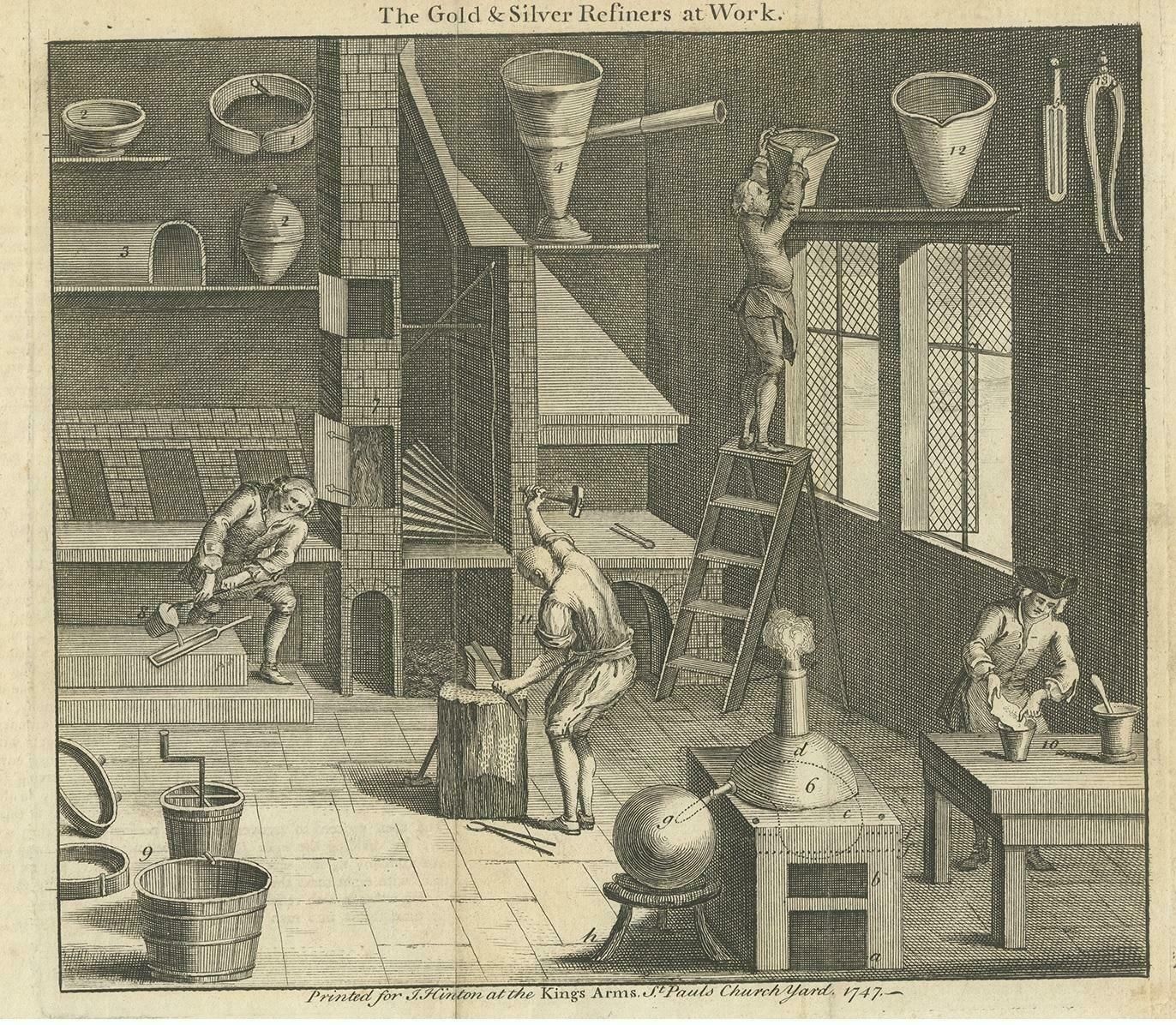Antique Print Of Gold And Silver Refiners At Work By Hinton, 1747 photo furniture