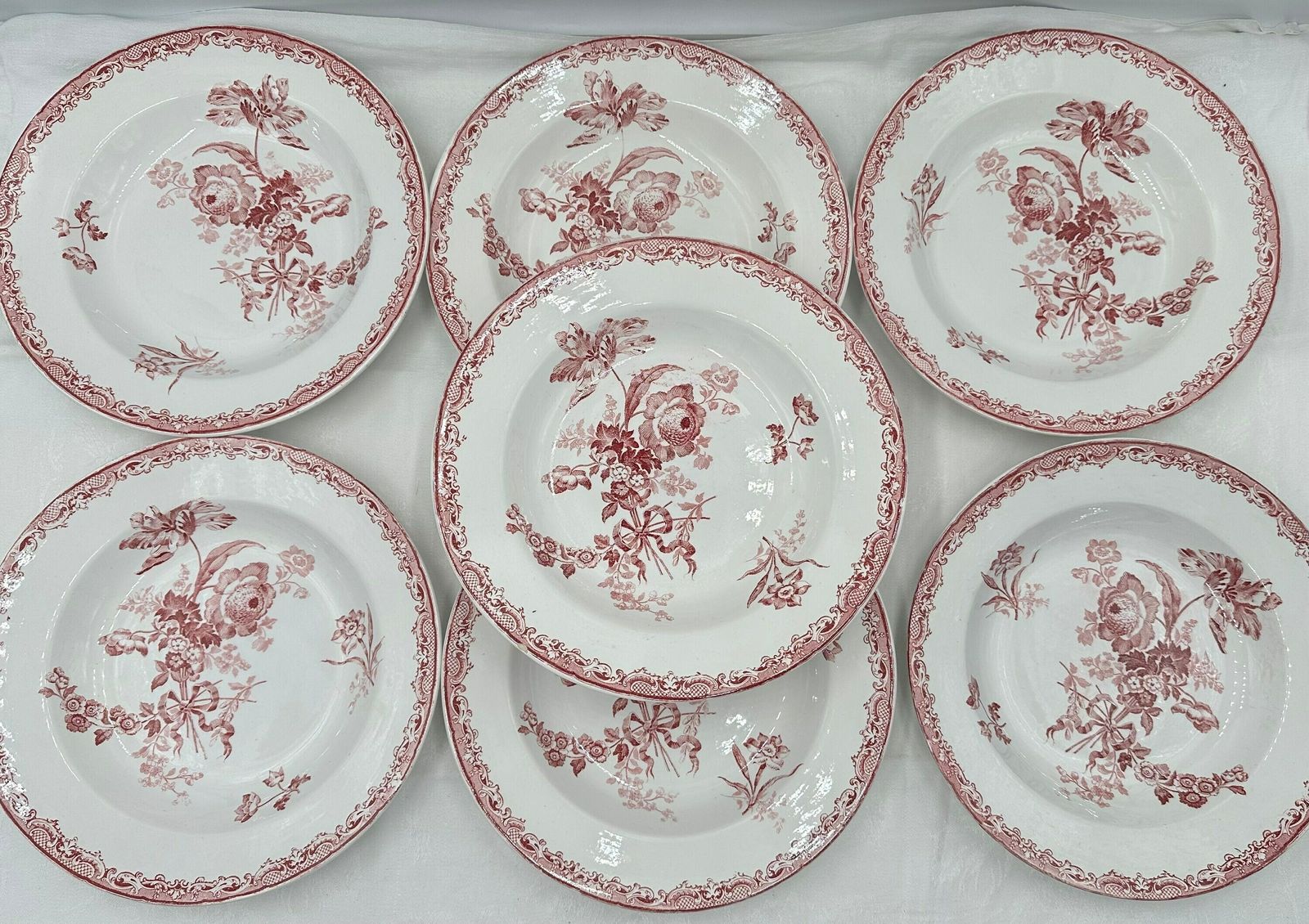 Sarreguemines Red Plates Set Of 20 Plates, Fontanges Dinner Soup And Dessert Plates, Ironstone Tableware Service photo buy