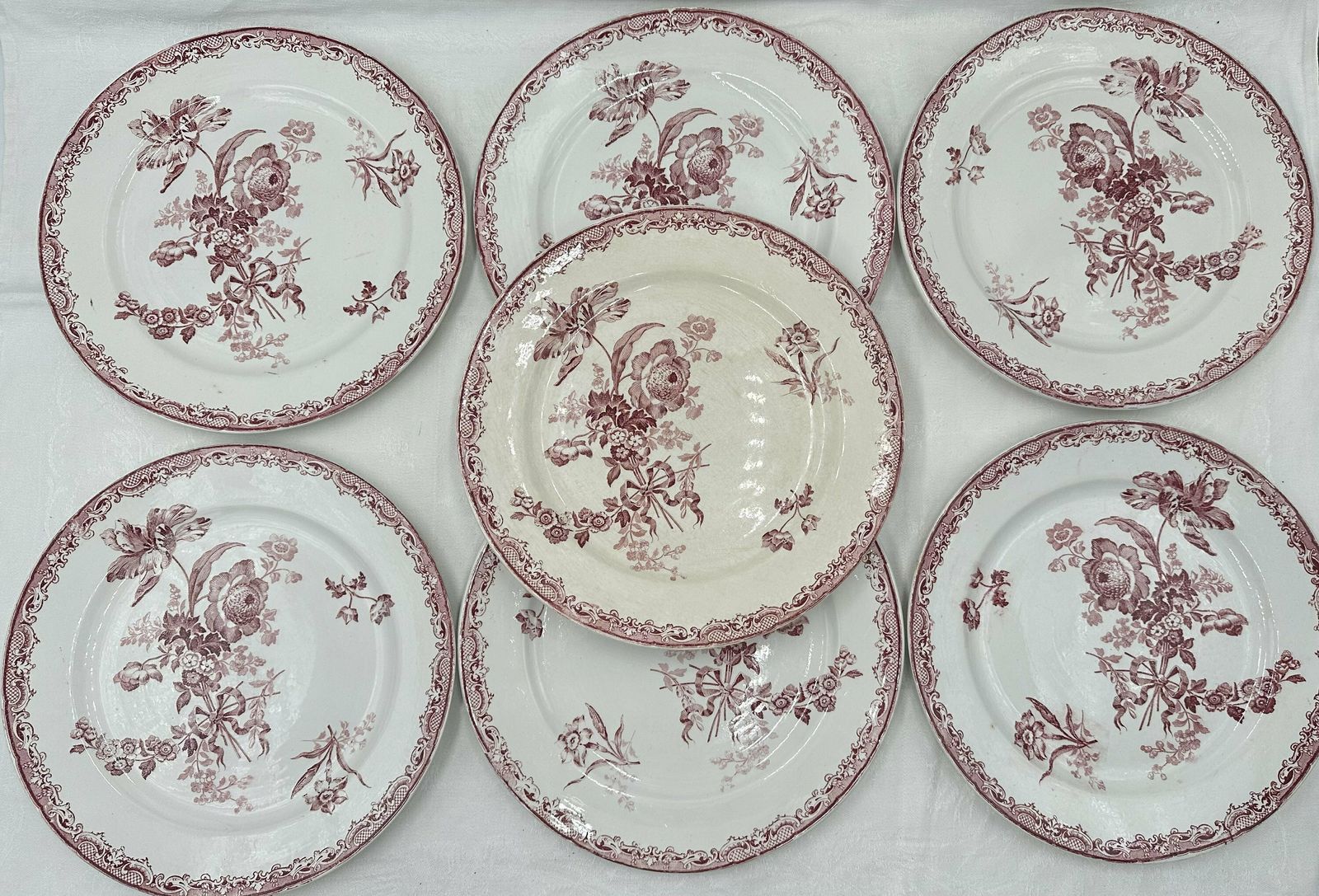 photo for sale Sarreguemines Red Plates Set Of 20 Plates, Fontanges Dinner Soup And Dessert Plates, Ironstone Tableware Service