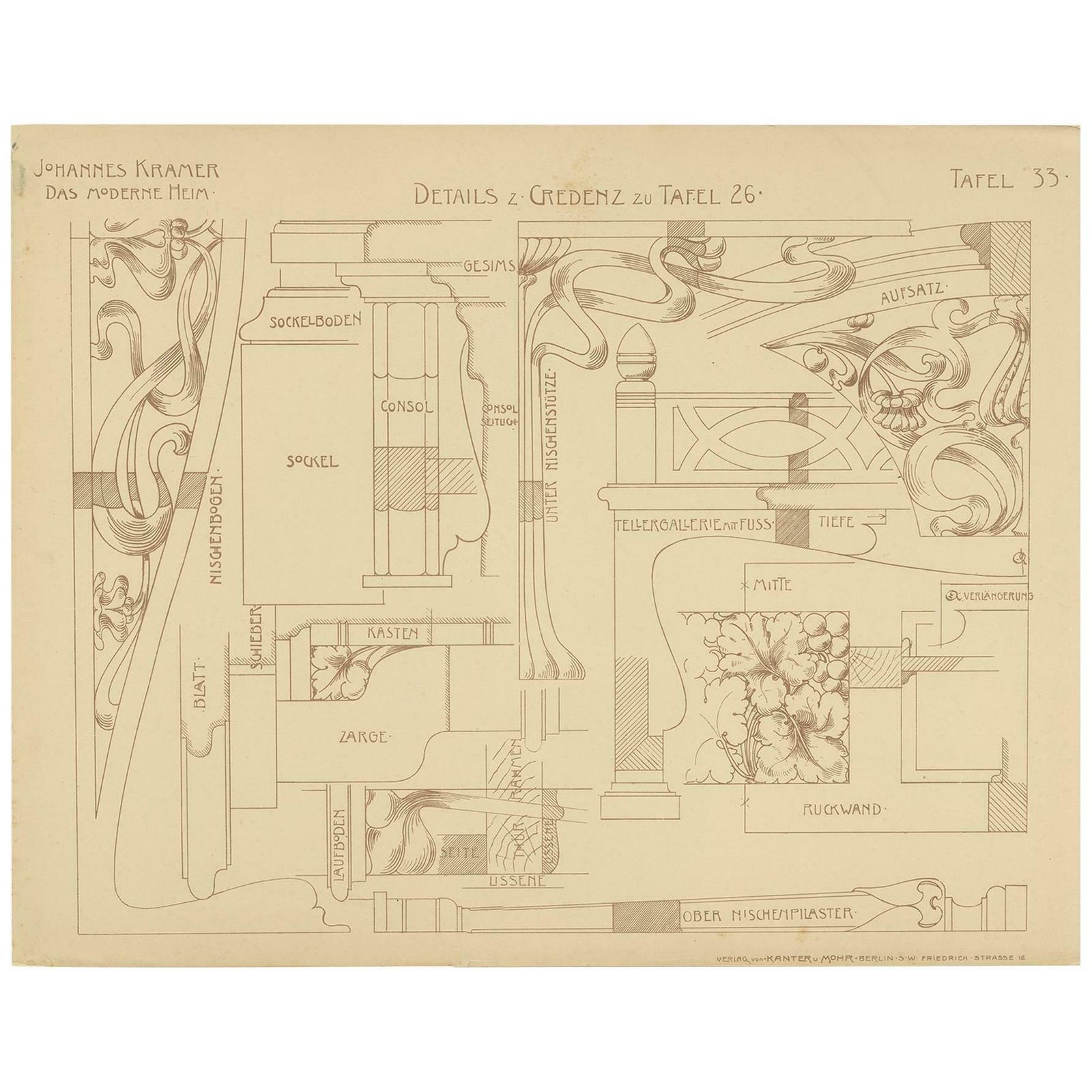 Pl. 33 Antique Print Of Furniture Details By Kramer, Circa 1910