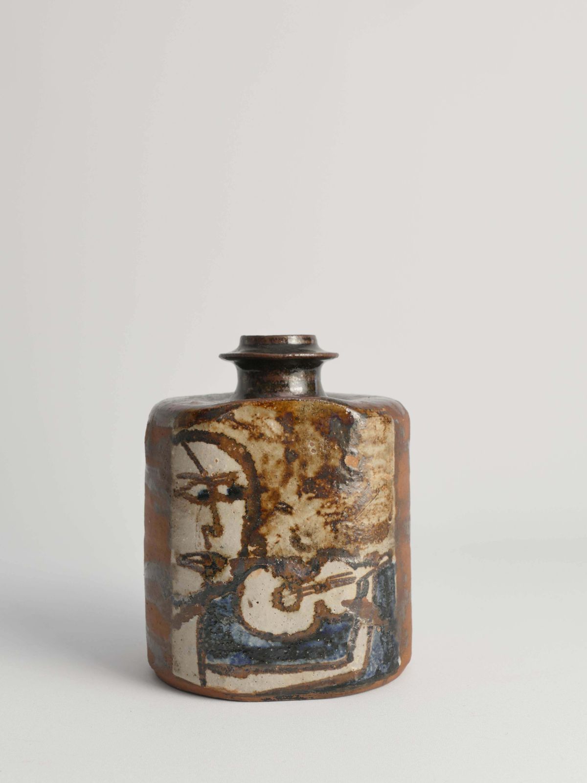 Ceramic Square Bottle Vase With Naive Style Motifs In Brown Glaze photo vinterior