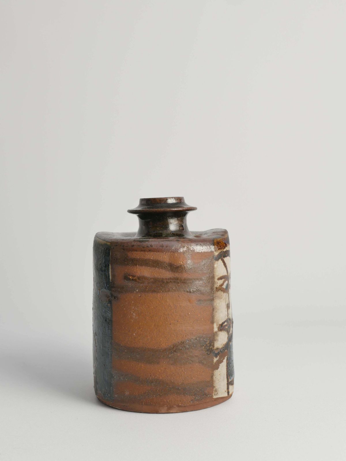 photo furniture Ceramic Square Bottle Vase With Naive Style Motifs In Brown Glaze