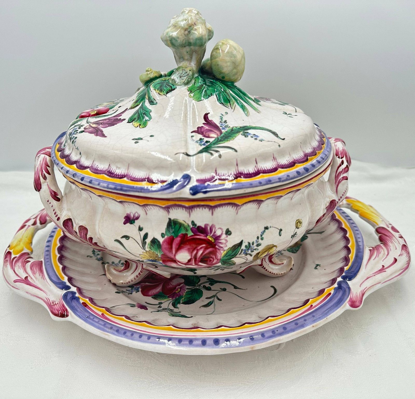 Antique French Hand Painted Pottery Covered Tureen With Plate By Niderviller Mushroom Cauliflower Handle photo for sale