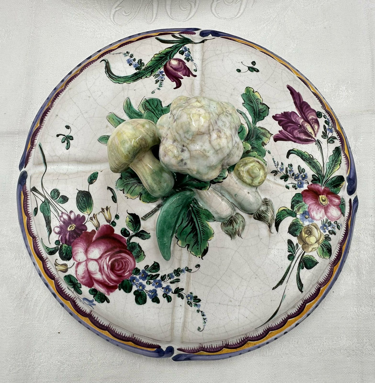 Antique French Hand Painted Pottery Covered Tureen With Plate By Niderviller Mushroom Cauliflower Handle photo 393.0
